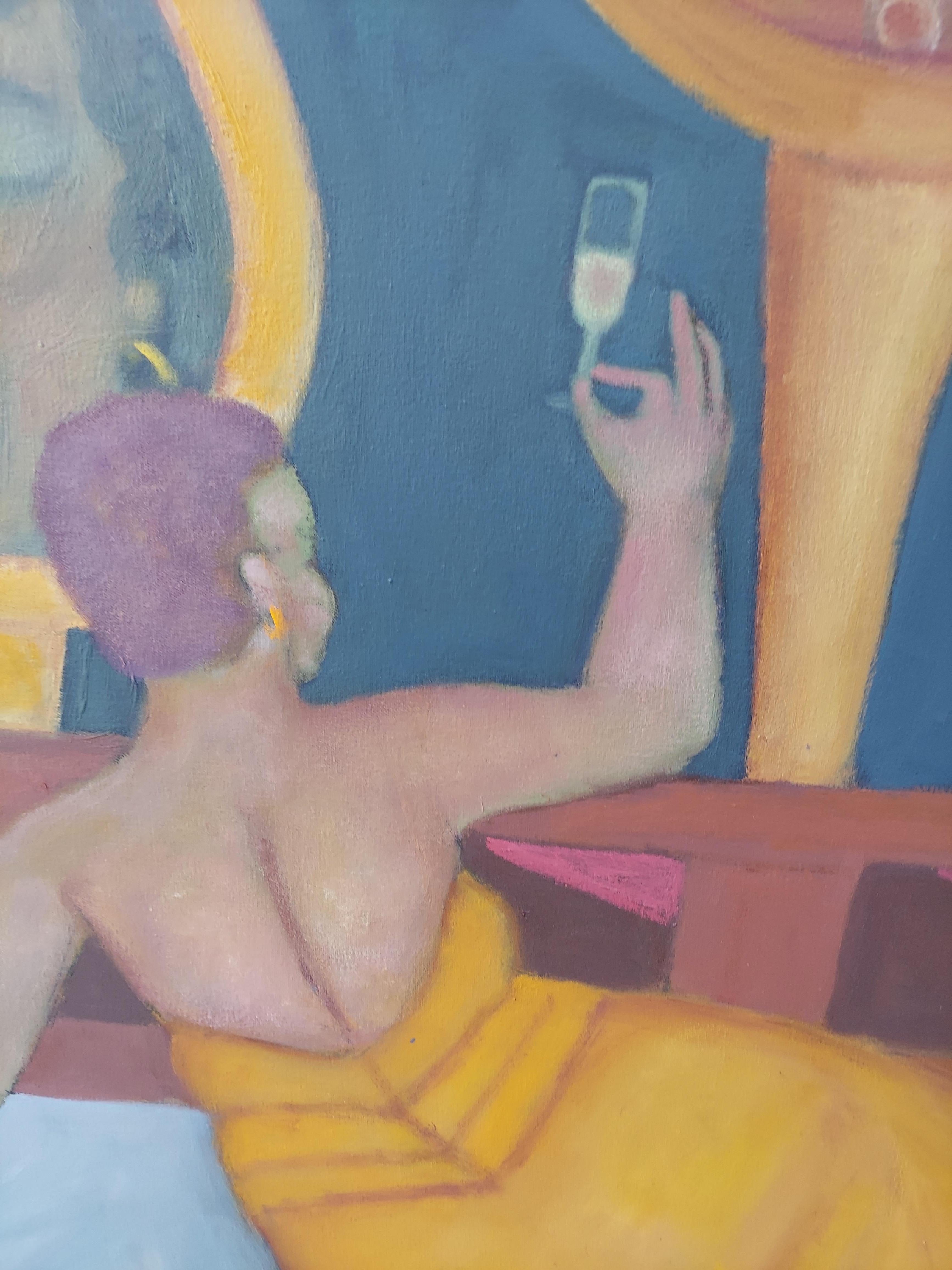 Brindisi allo champagne Figura femminile reclinata con cinque volti in grandi specchi - Painting di Stephen Basso