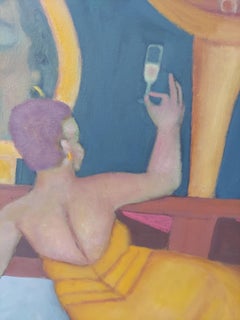 Champagne Toast reclining female figure with five faces in large mirrors
