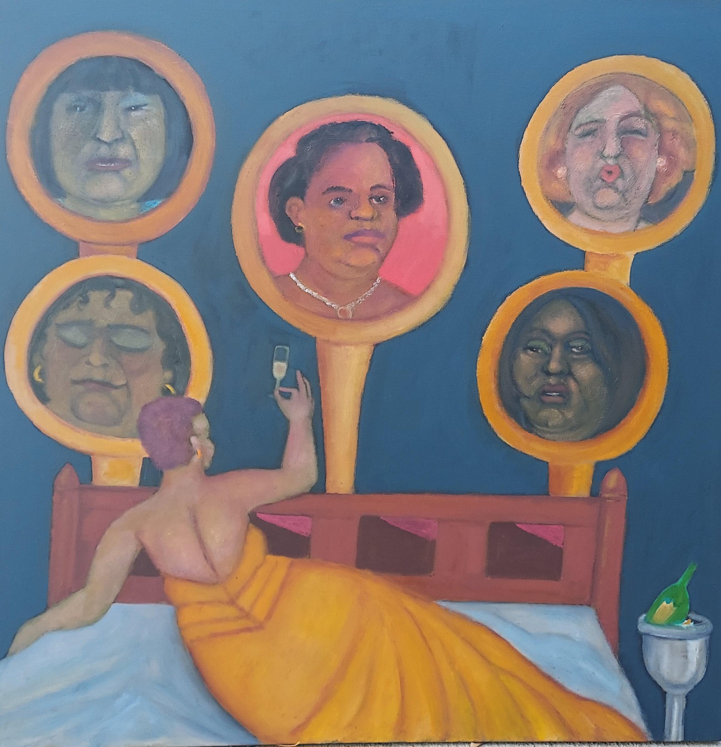 Champagne Toast reclining female figure with five faces in large mirrors