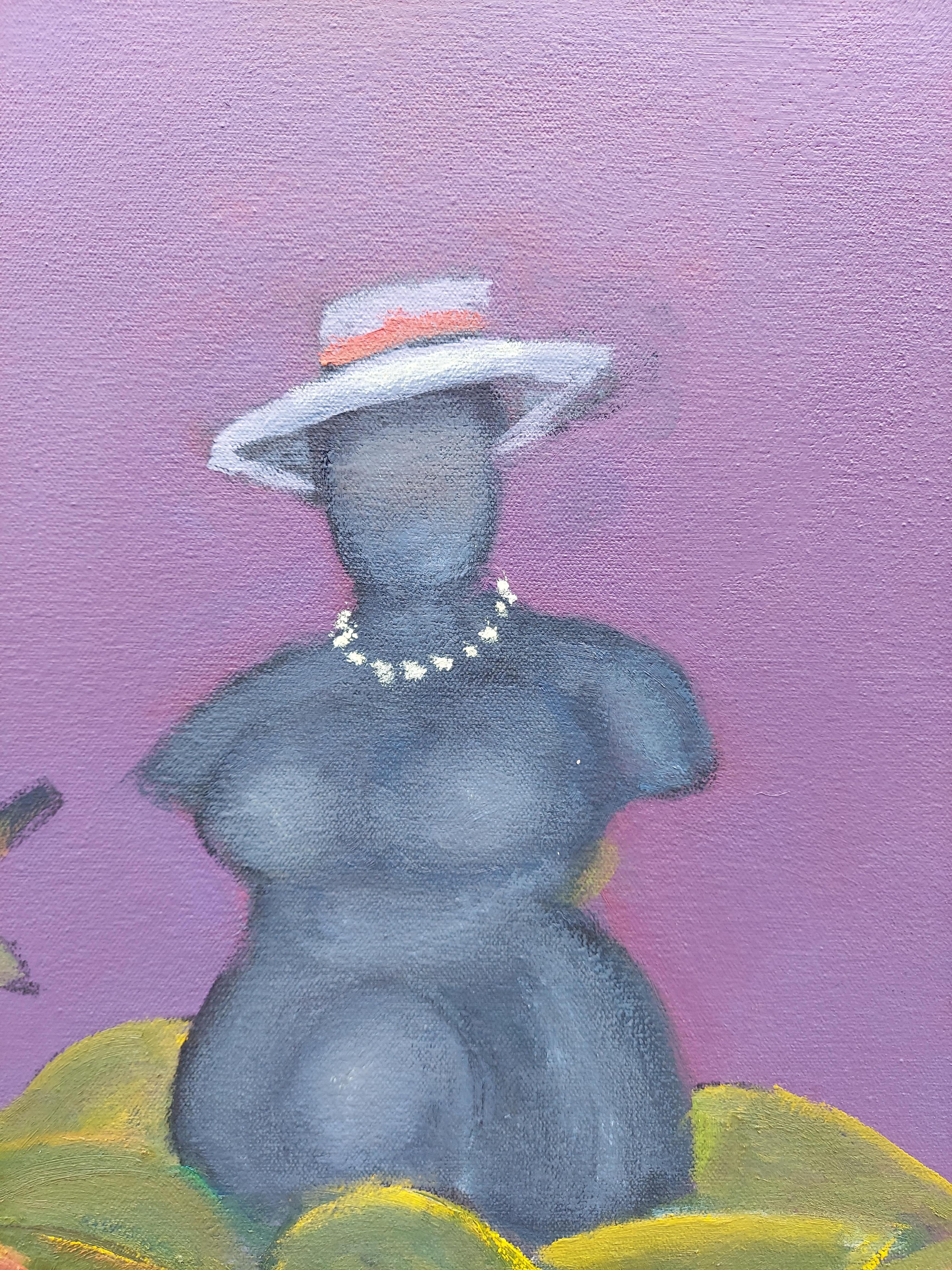 Ciambotta. music theme still life & figure women w instruments blue & violet - Painting by Stephen Basso