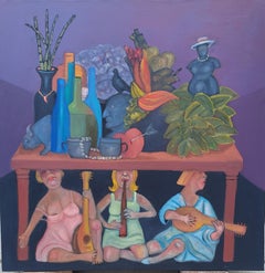 Ciambotta. thème de la musique nature morte et figures de femmes avec instruments bleu et violet