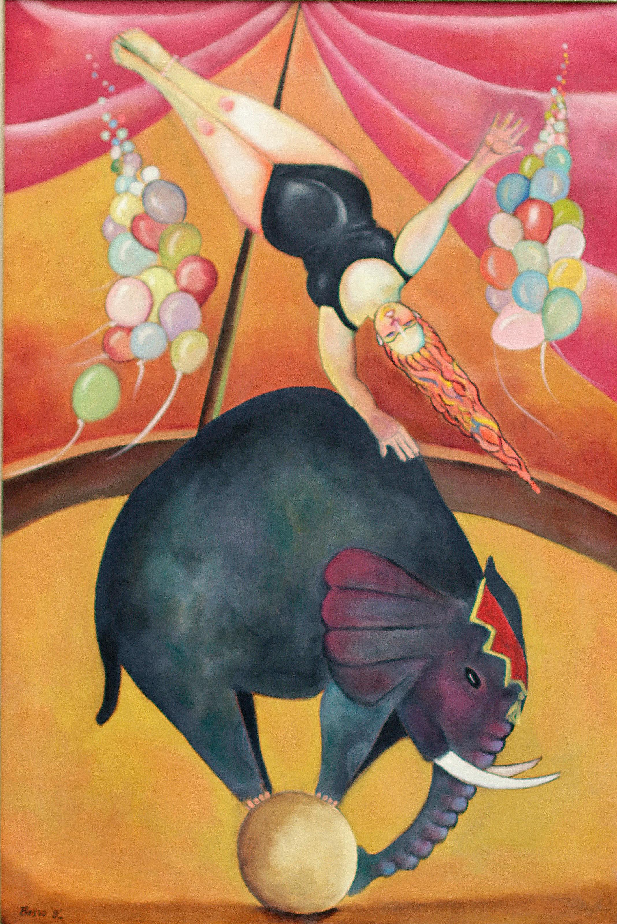 circus rider, colorful circus theme interior woman and elephant bright cheerful 