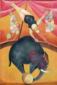 Vintage circus rider, colorful circus interior woman and elephant bright cheerful happy