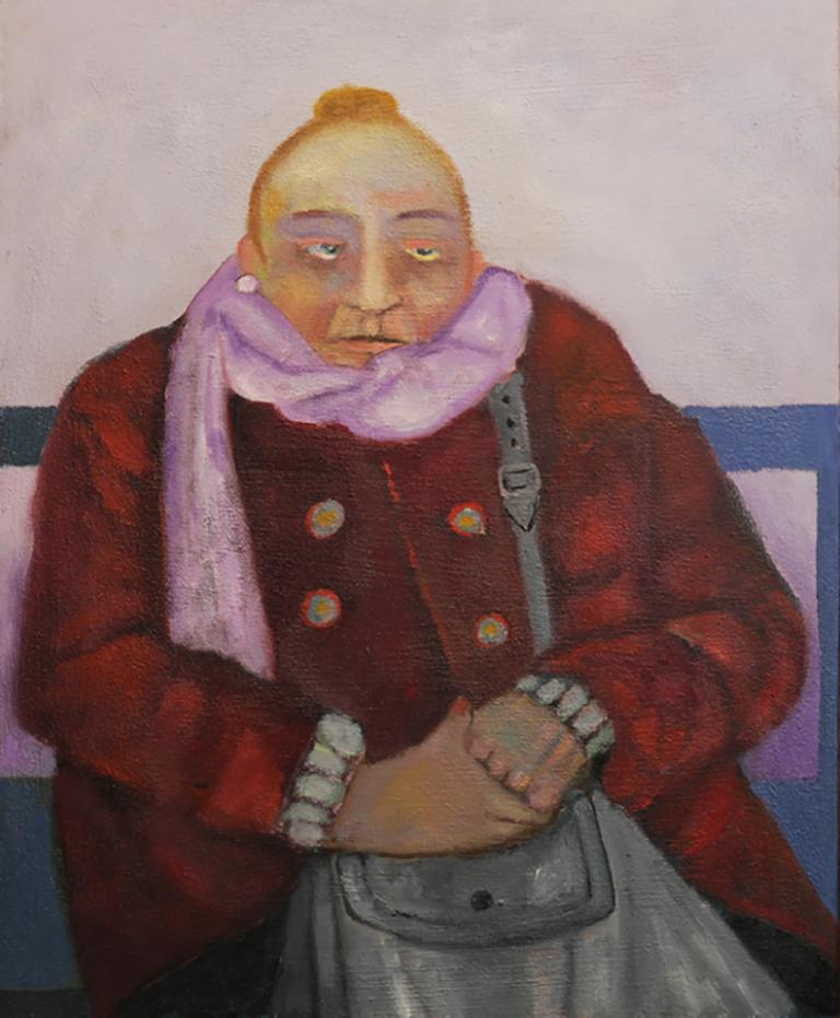 Portrait Painting Stephen Basso - Un personnage froid décontracté habillé pour l'hiver, manteau rouge