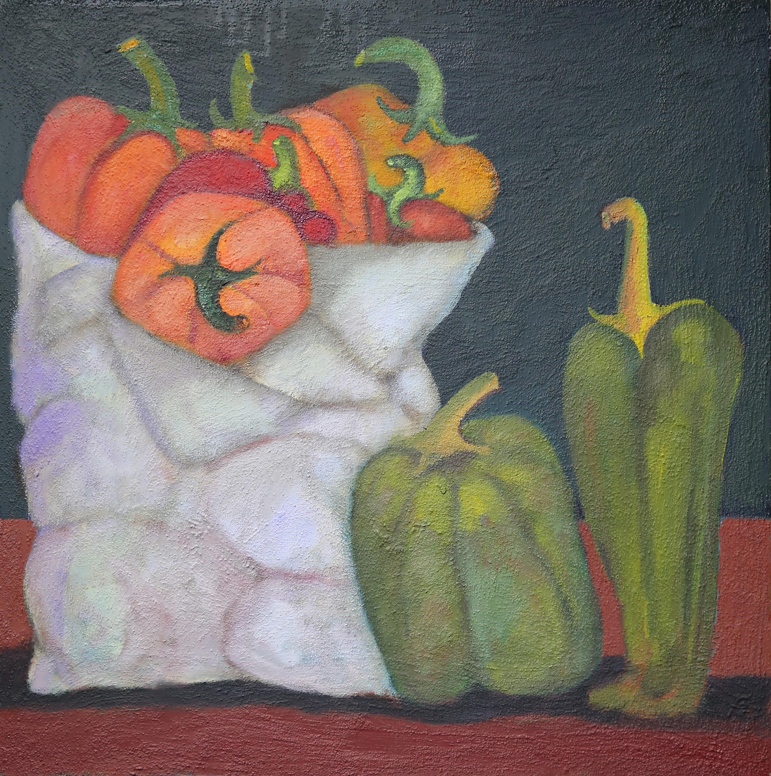 Congregation, still life food peppers dark colors rough textured surface