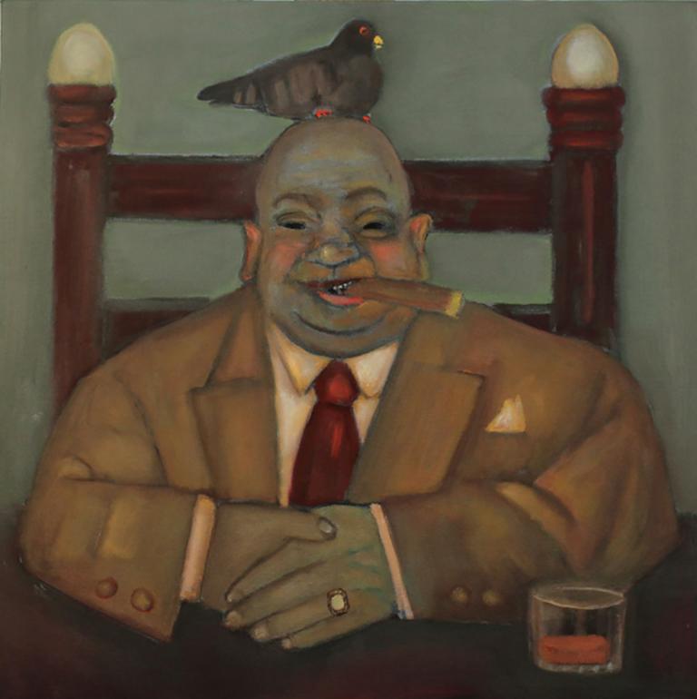 Animal Painting Stephen Basso - Marchand, personnage d'homme d'affaires étudiant l'histoire d'un oiseau à cigares