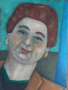 Retrato de una mujer con hoyuelos, sonriendo, en tonos marrones, azules y grises