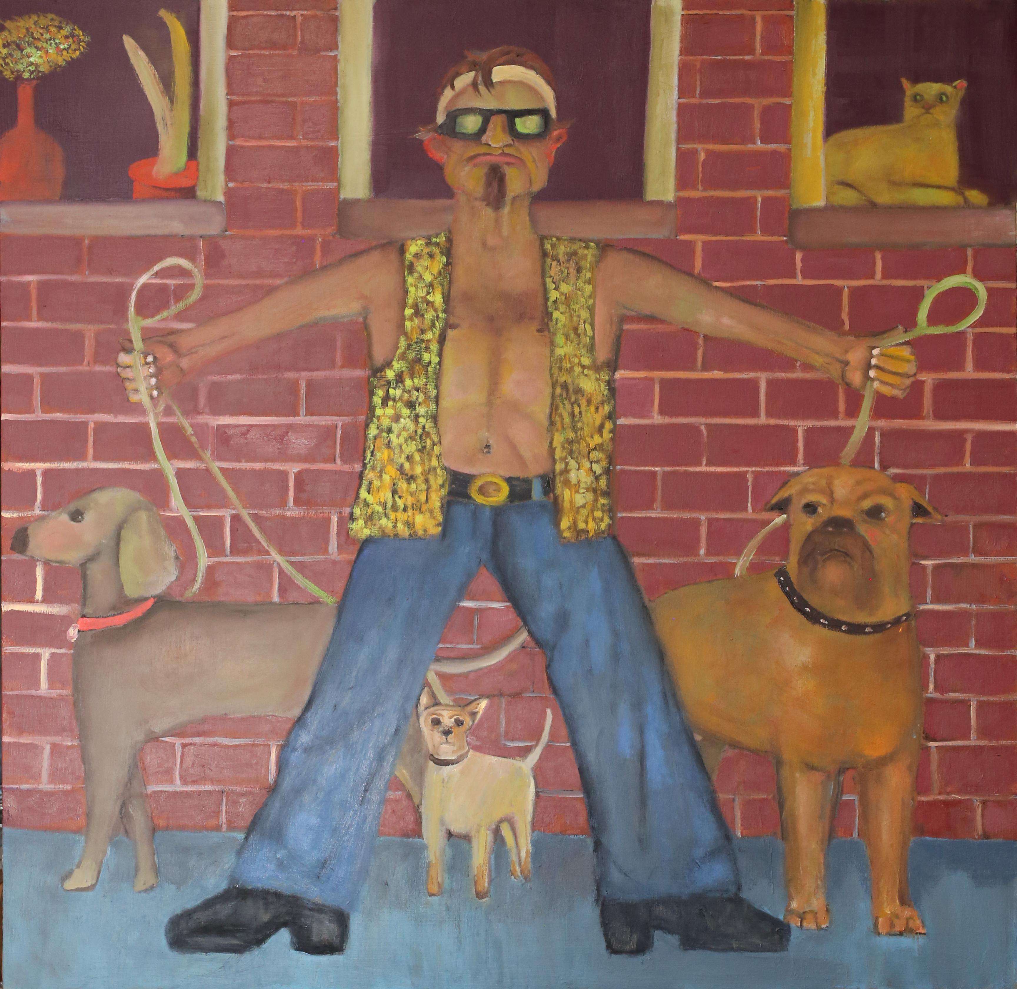 Dogwalker  ... humans and animals urban setting  humor strong design and color - Painting by Stephen Basso