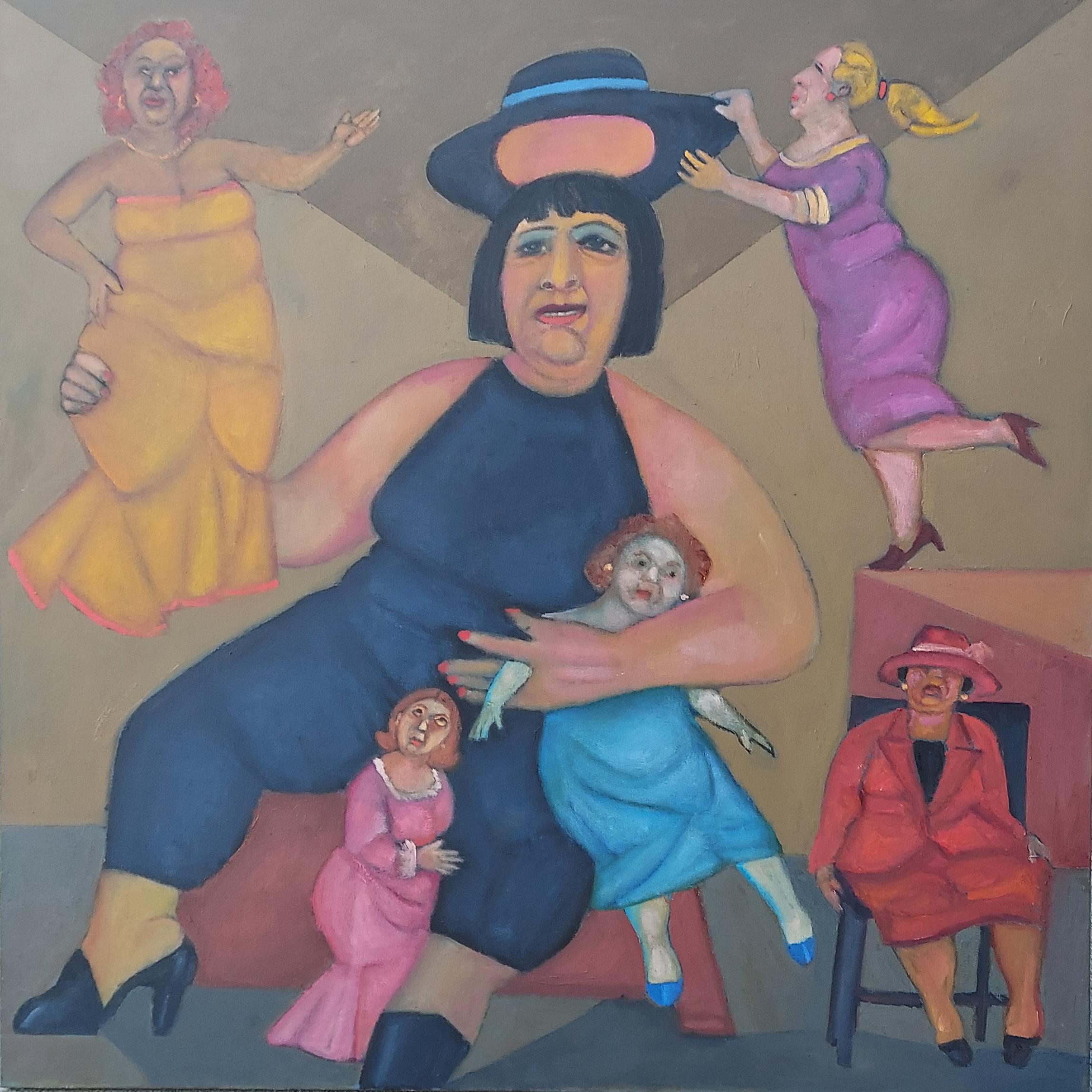 Figurative Painting di Stephen Basso - Doll House  colorful whimsical women large female figure w/ smaller figures