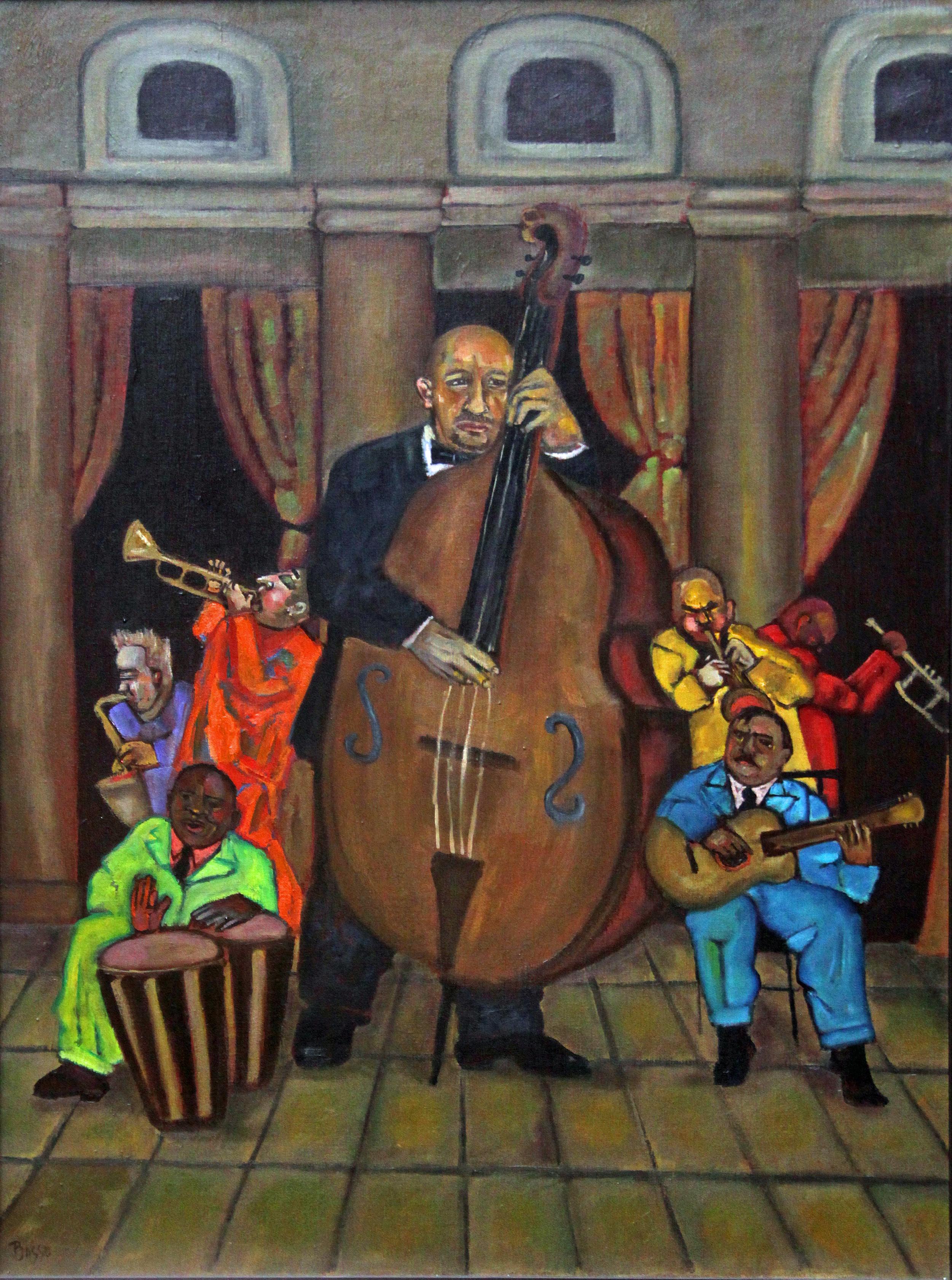 Stephen Basso Figurative Painting - El Bajo  Latin music theme rich vibrant colors musical instruments strong rhythm
