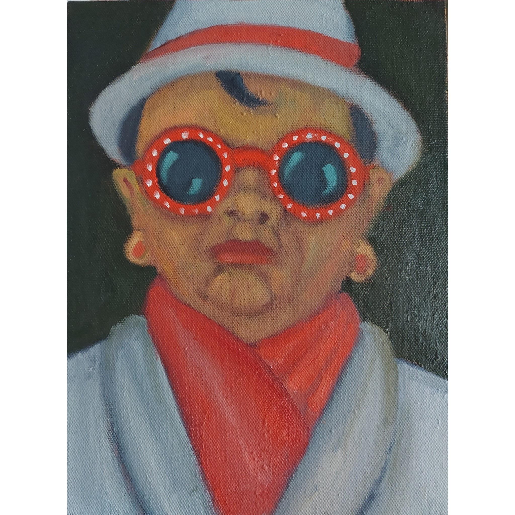 Elton-John-Fan, Kopfporträt einer Frau mit glitzernder Sonnenbrille in leuchtenden Farben