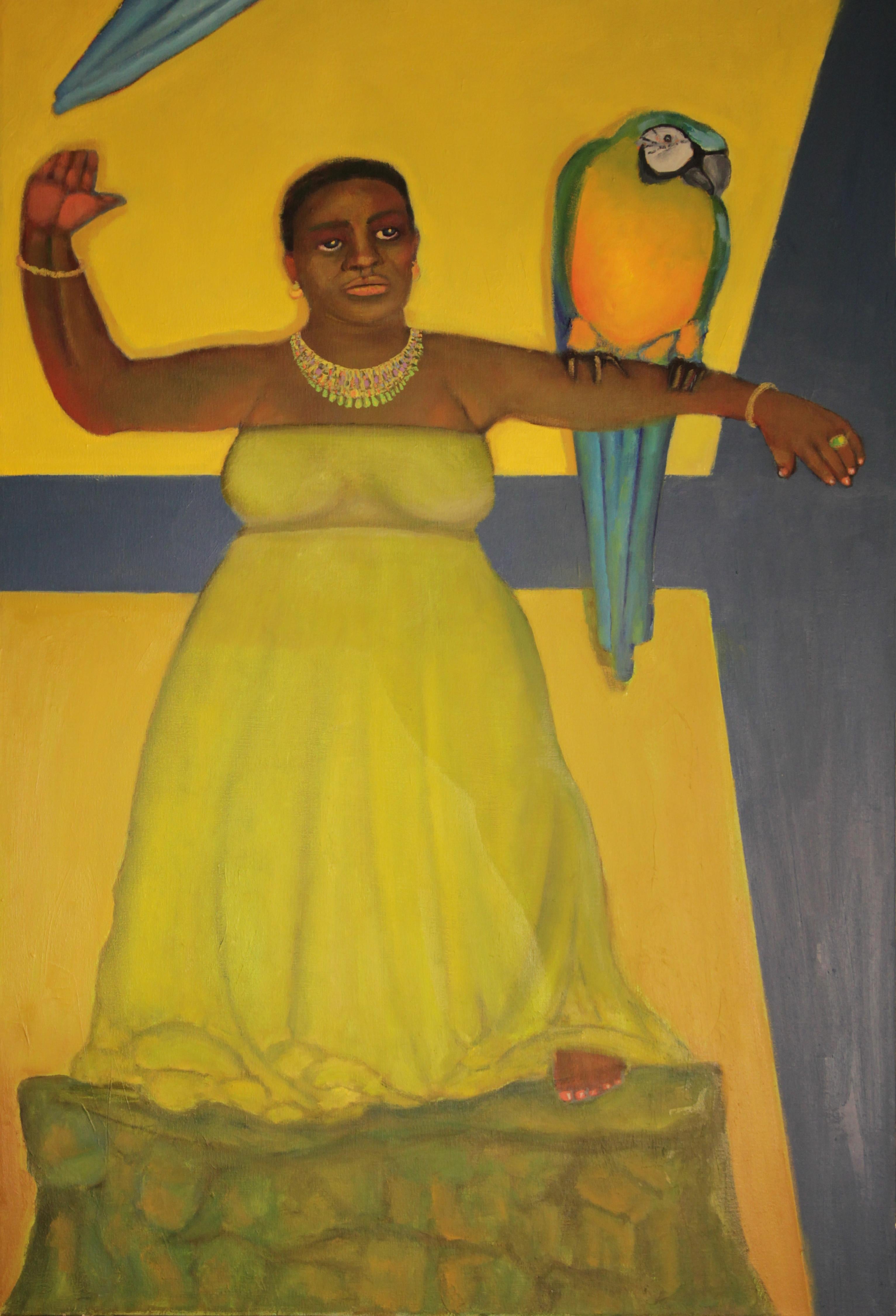 Flight bright yellow background female black central figure myth and romance - Painting by Stephen Basso