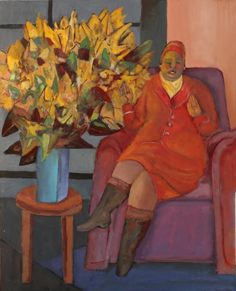 Stephen Basso Figurative Painting - flowers from evergood, bright figure domestic setting predominantly red painting