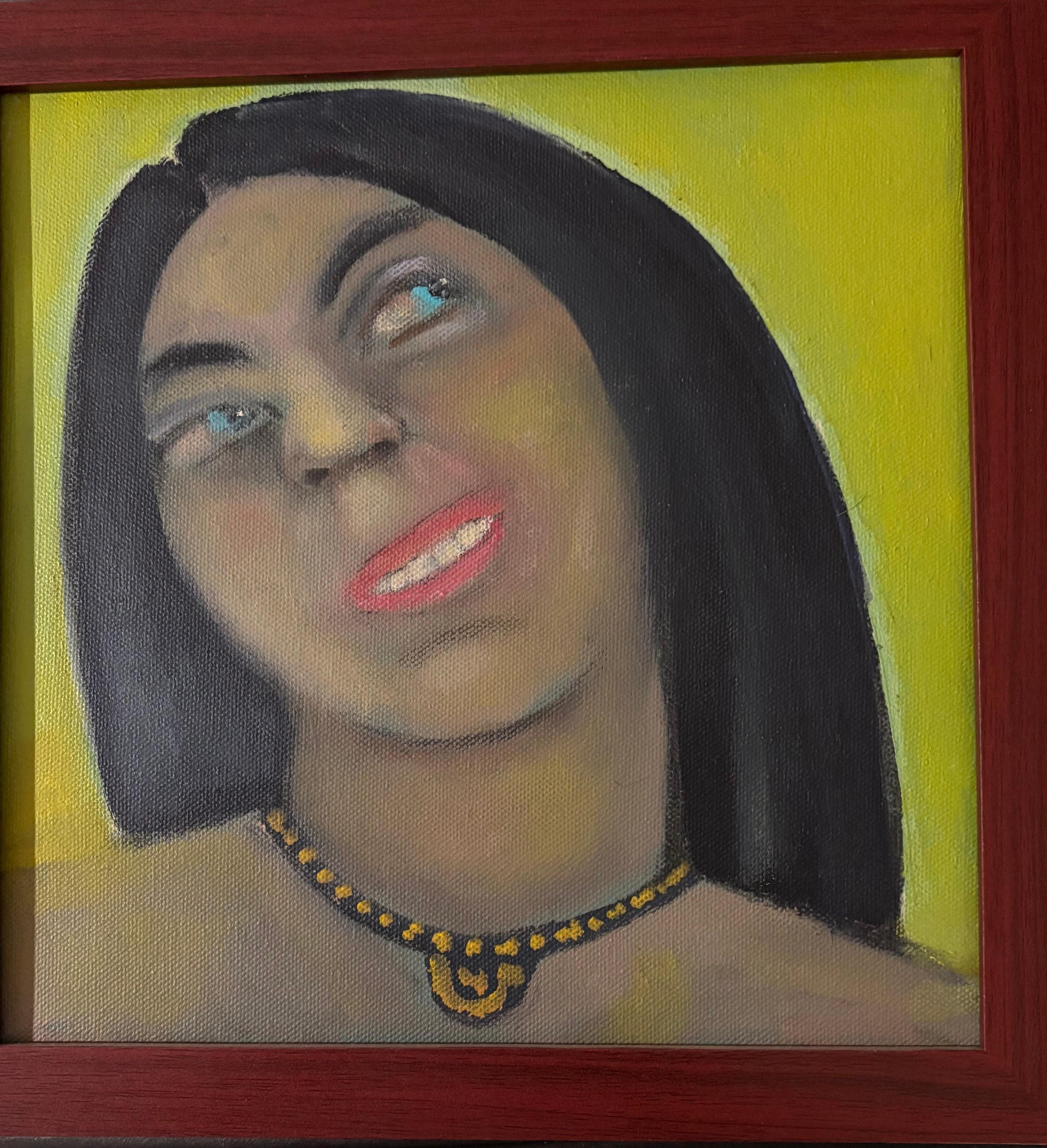 Portrait Painting di Stephen Basso - Una ragazza affascinante con occhi blu brillanti su sfondo verde