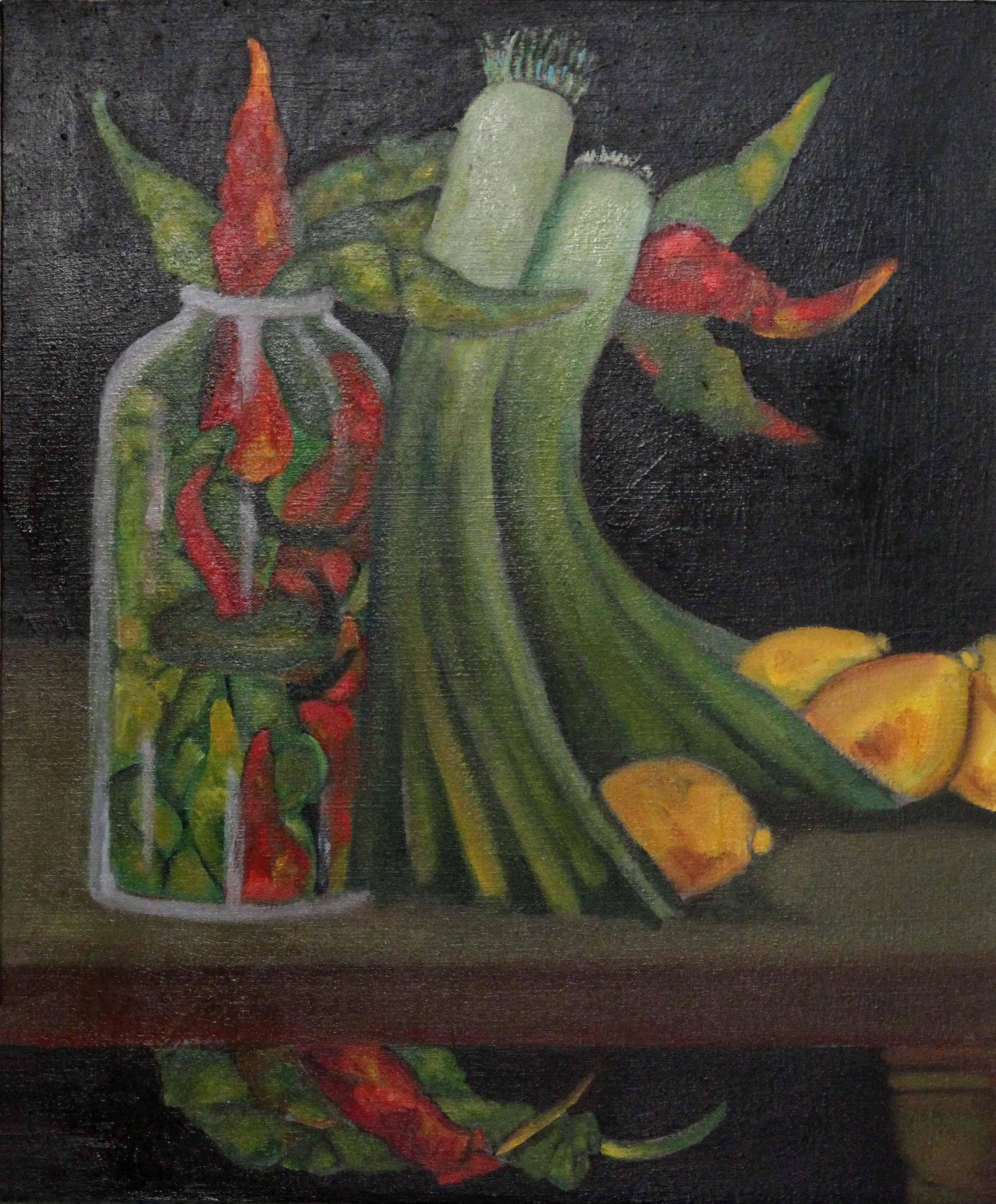 Stephen Basso Still-Life Painting - Hide and Seek  still life peppers and lemons Spanish influence dark undercurrent