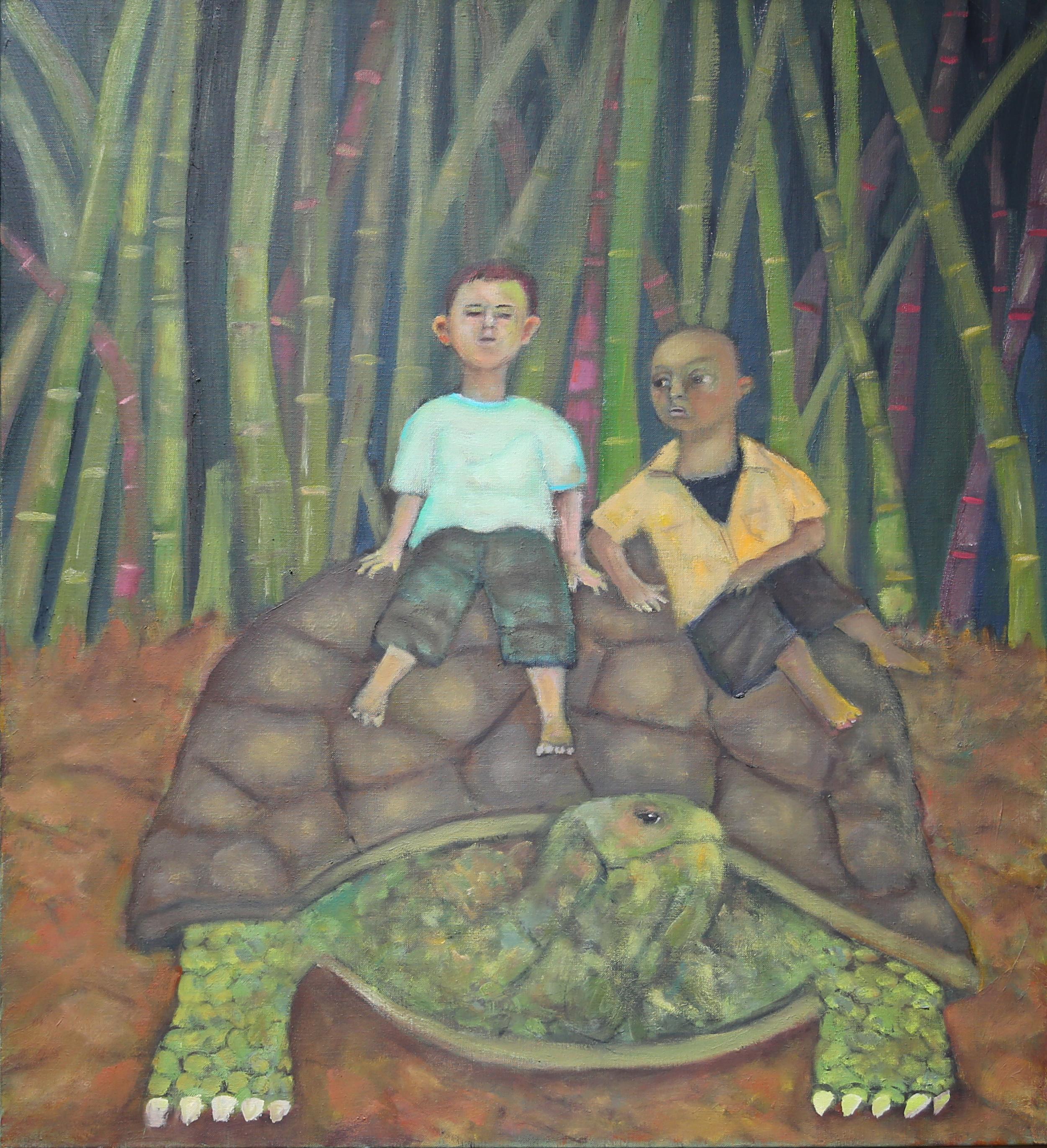 Stephen Basso Animal Painting - Hitchhikers, turtle & boys children soft dreamy green colors bamboo
