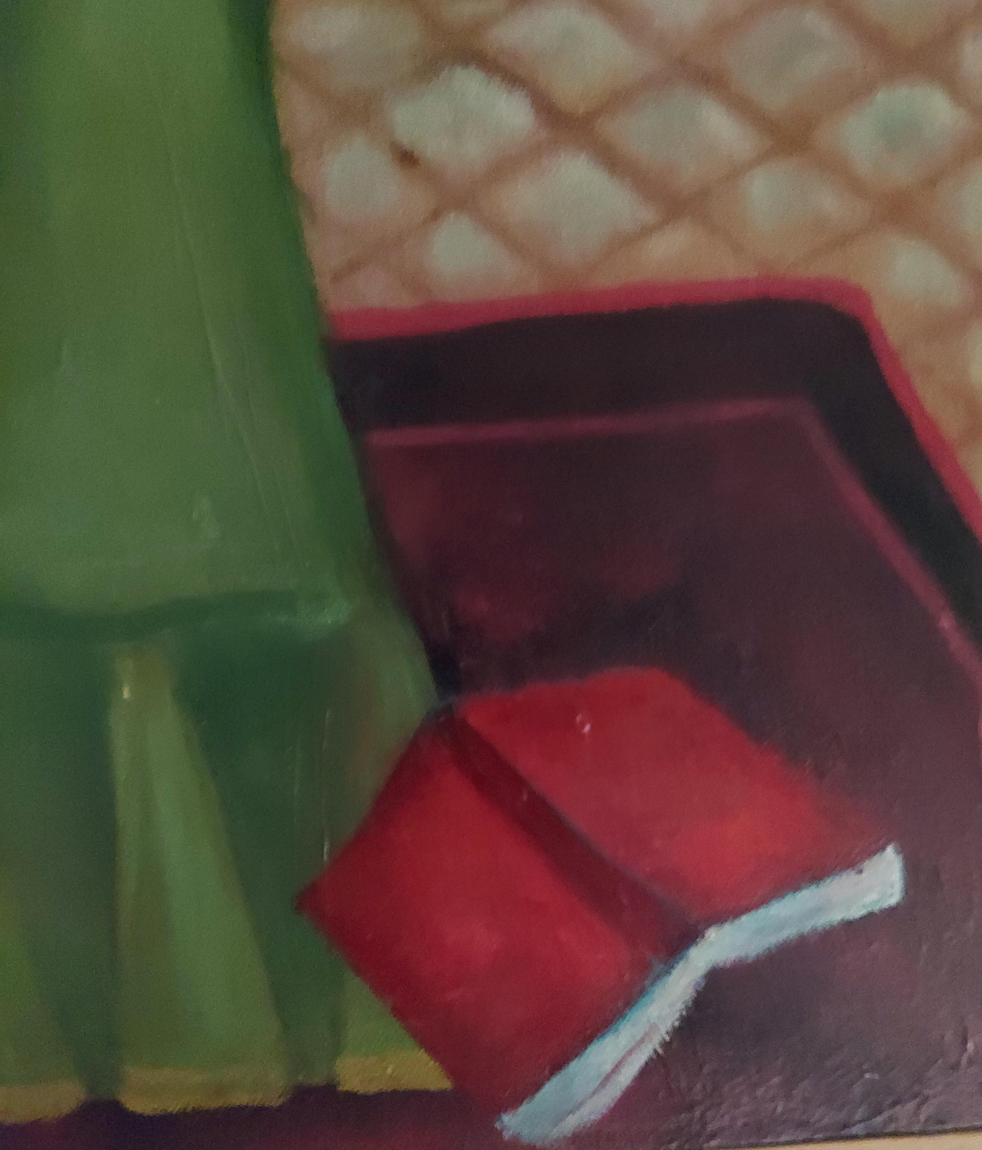 Fantasia narrativa, colorata e surreale di un interno di una stanza. L'immagine incorpora molti dei simboli ricorrenti nelle opere dell'artista, come cuori, figure femminili, gatti e divani. 
È firmato e datato nell'angolo in basso a sinistra. Una