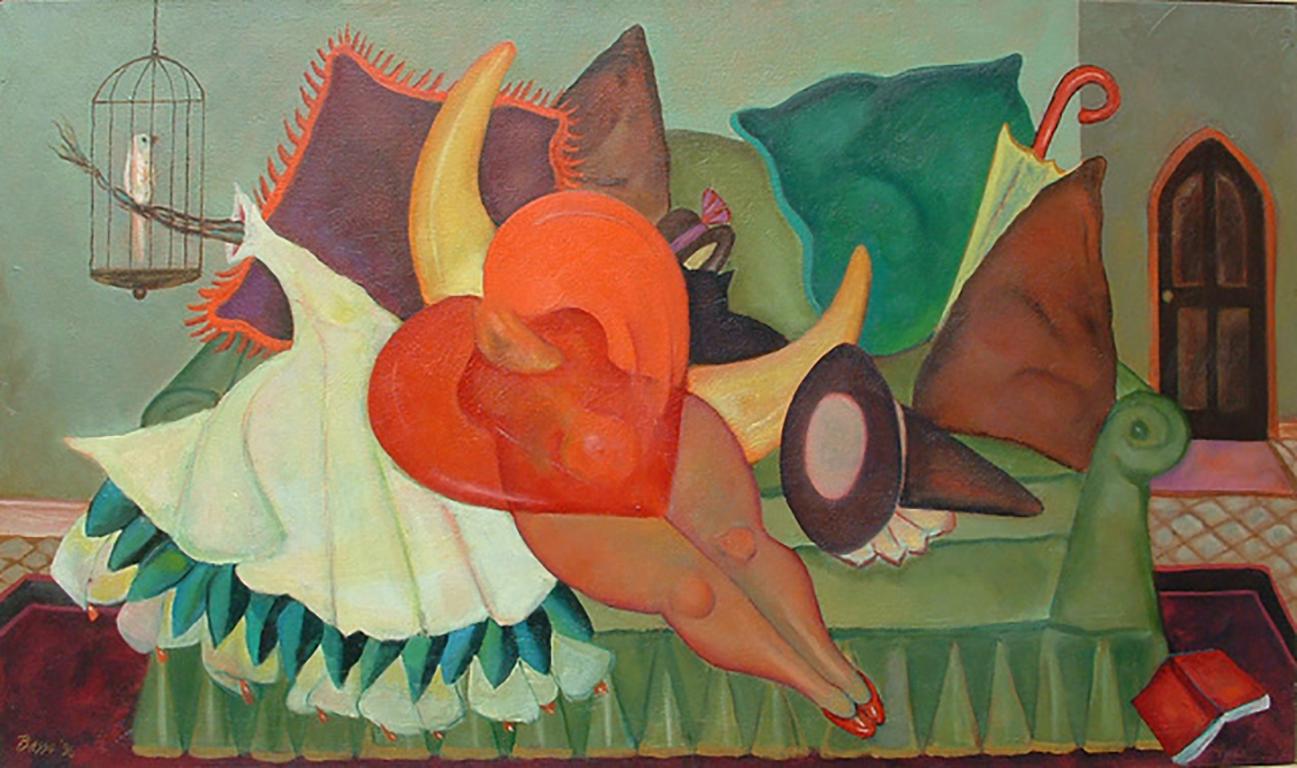 la sala de la bruja, surrealist interior, green, bird, nude