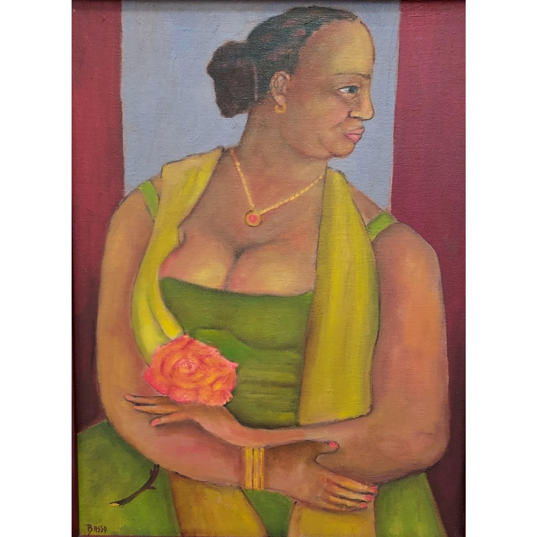 Portrait Painting Stephen Basso - Portrait de profil de femme en demi-longueur rouge et rose, couleur chaude et douce et apaisante
