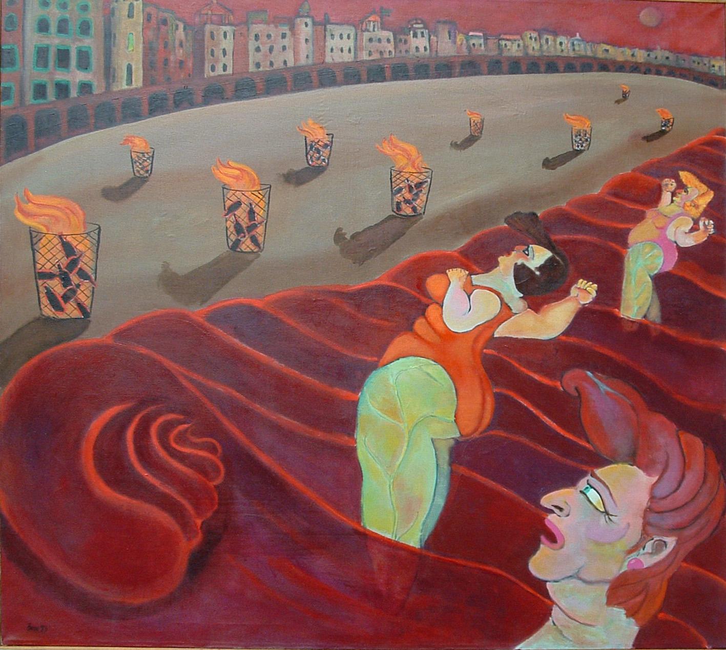 Stephen Basso Figurative Painting - Love Song  Coney Island theme women bathers strong vibrant colors humor reds