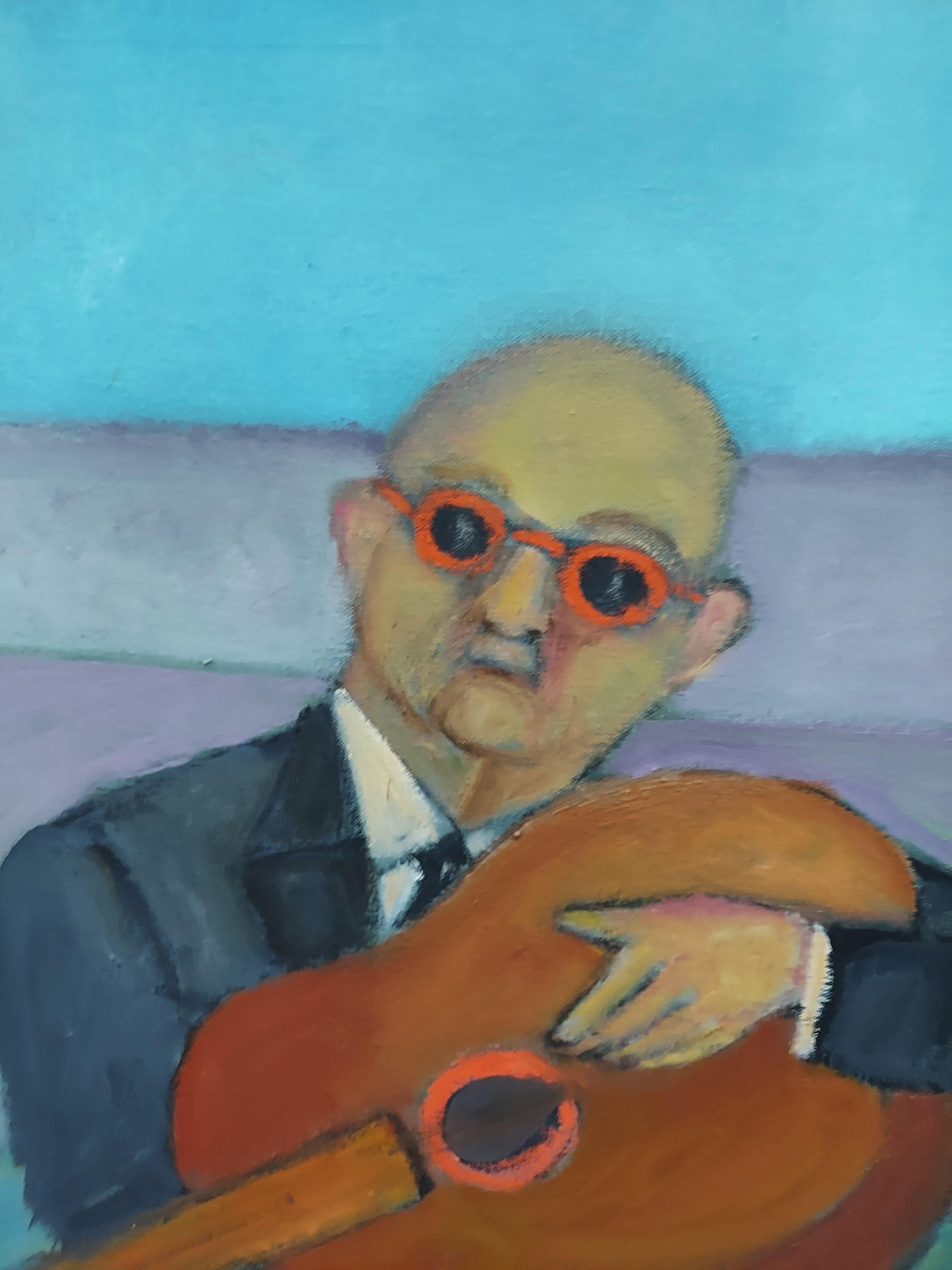 Musica da ninna nanna in riva al mare chitarre e canzoni morbide e tranquille di colore onirico - Figurative Painting Blu di Stephen Basso