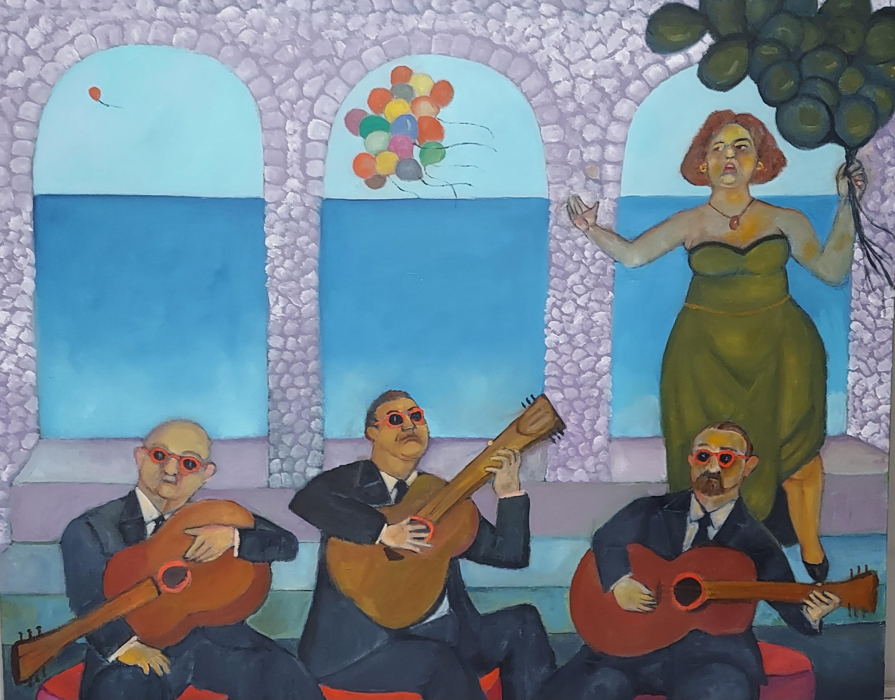 Figurative Painting di Stephen Basso - Musica da ninna nanna in riva al mare chitarre e canzoni morbide e tranquille di colore onirico