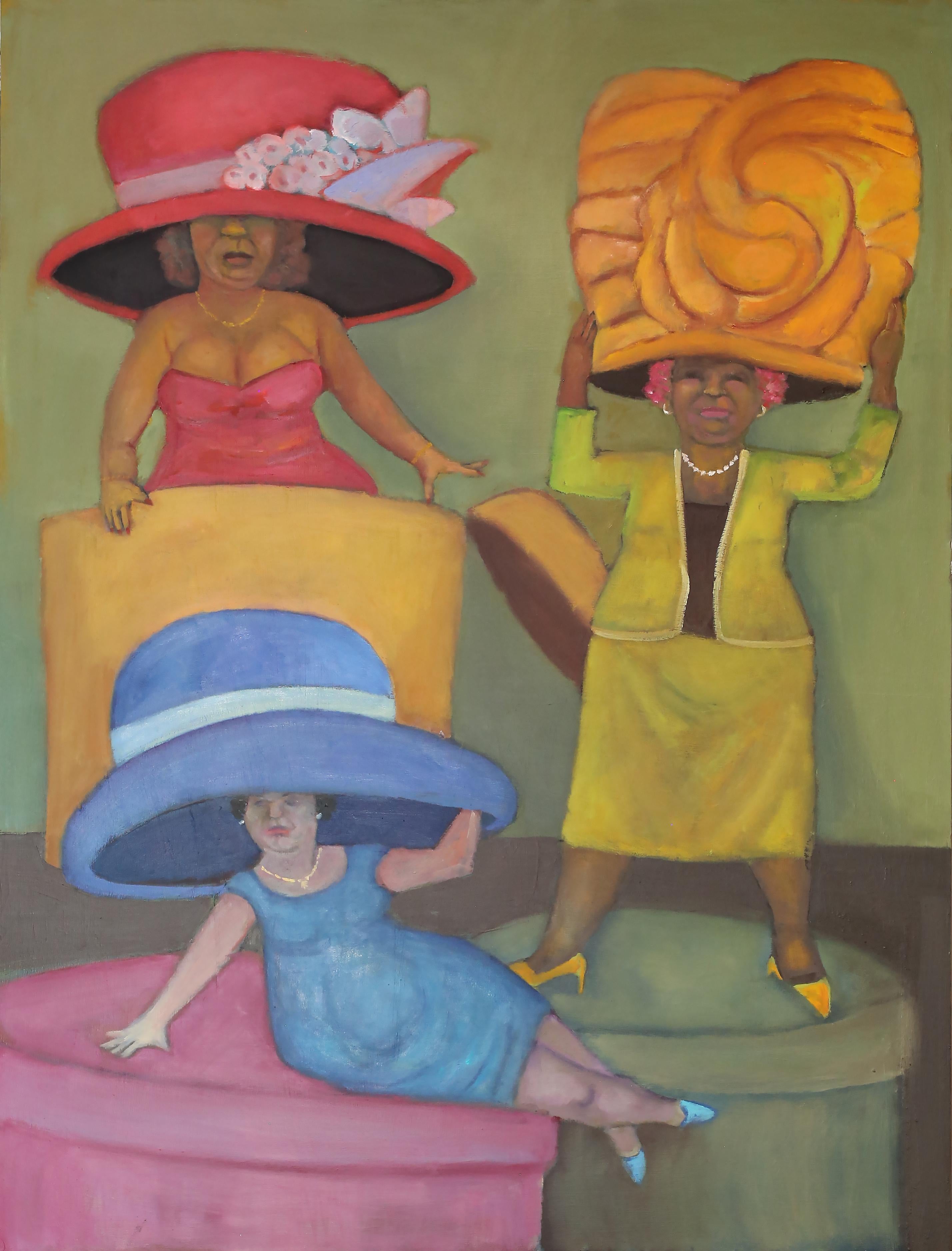 Stephen Basso Figurative Painting - Mad Hatters    bright colorful fashionable ladies humorous view 