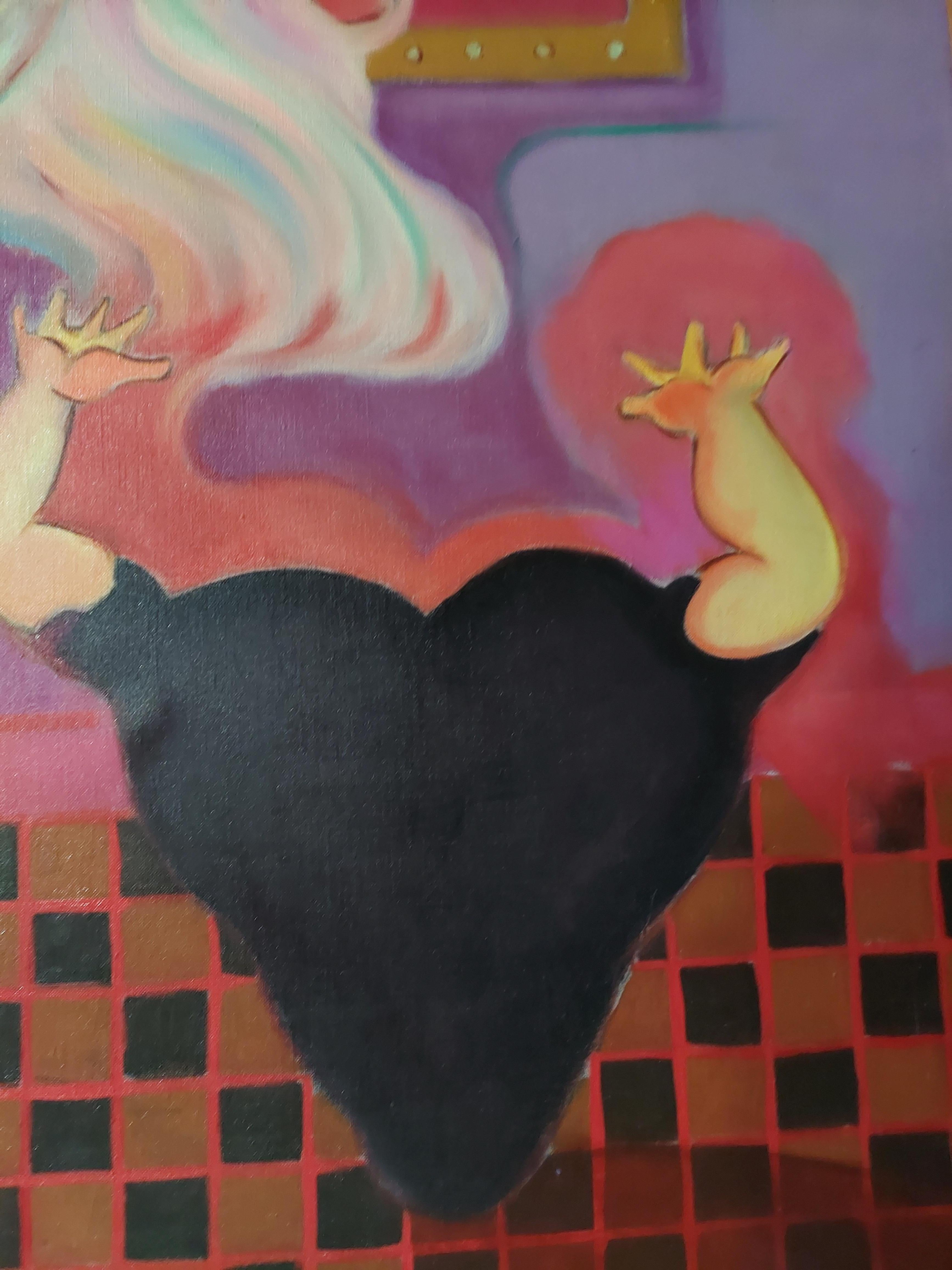 Mascarada  figura masculina en forma de corazón atrapando figura femenina enmascarada gato mirando - Painting Expresionista de Stephen Basso
