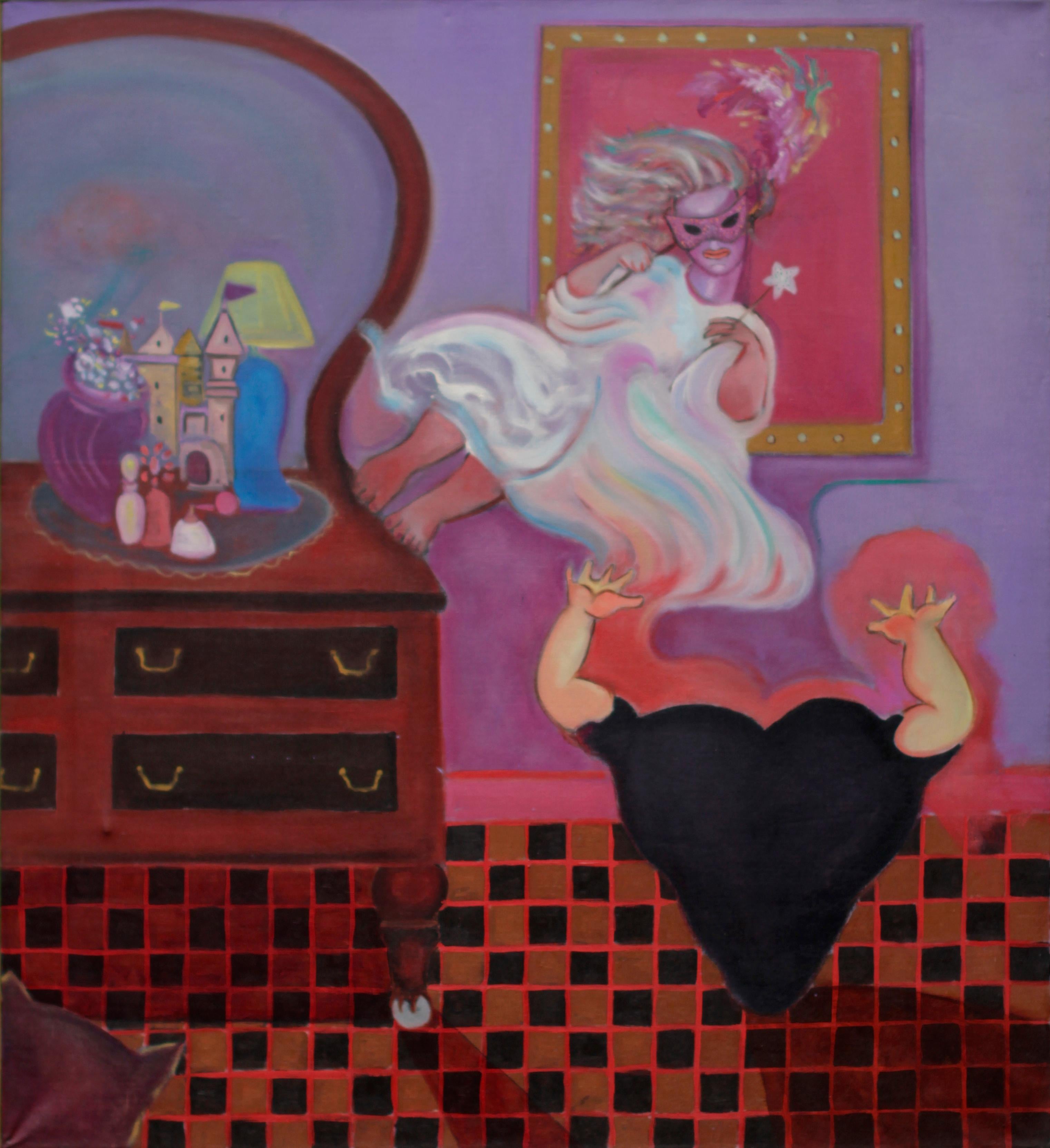 Figurative Painting de Stephen Basso - Mascarada  figura masculina en forma de corazón atrapando figura femenina enmascarada gato mirando