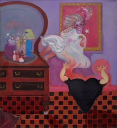 Masquerade  figura maschile a forma di cuore che cattura una figura femminile mascherata che osserva un gatto