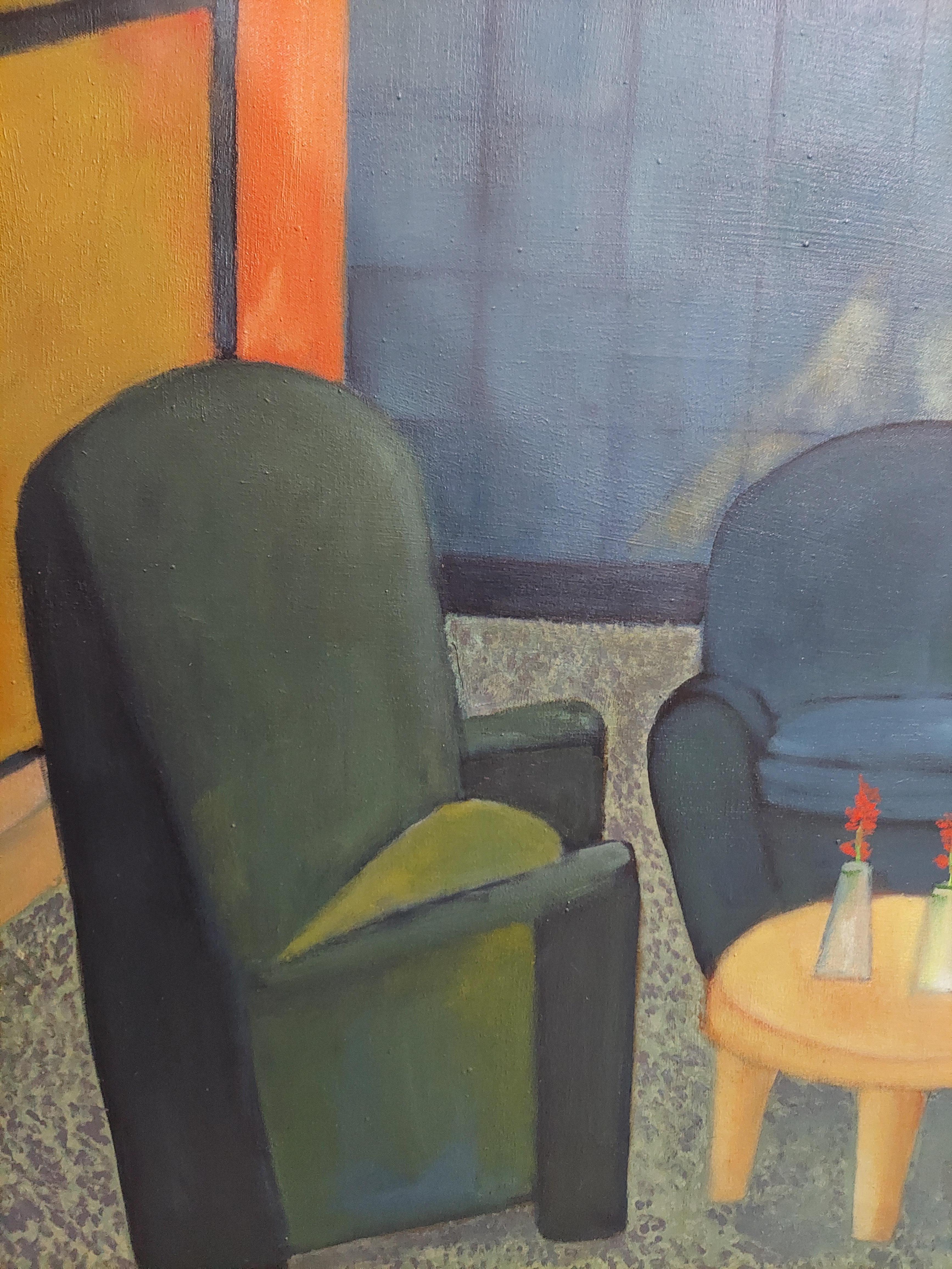 Réunion. Trois chaises vides dans un hall d'entrée d'un immeuble résidentiel de New York, couleurs chaudes Greene & Greene - Painting de Stephen Basso