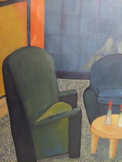 Meeting. Three empty chairs in a NYC residential lobby warm Gray and green color