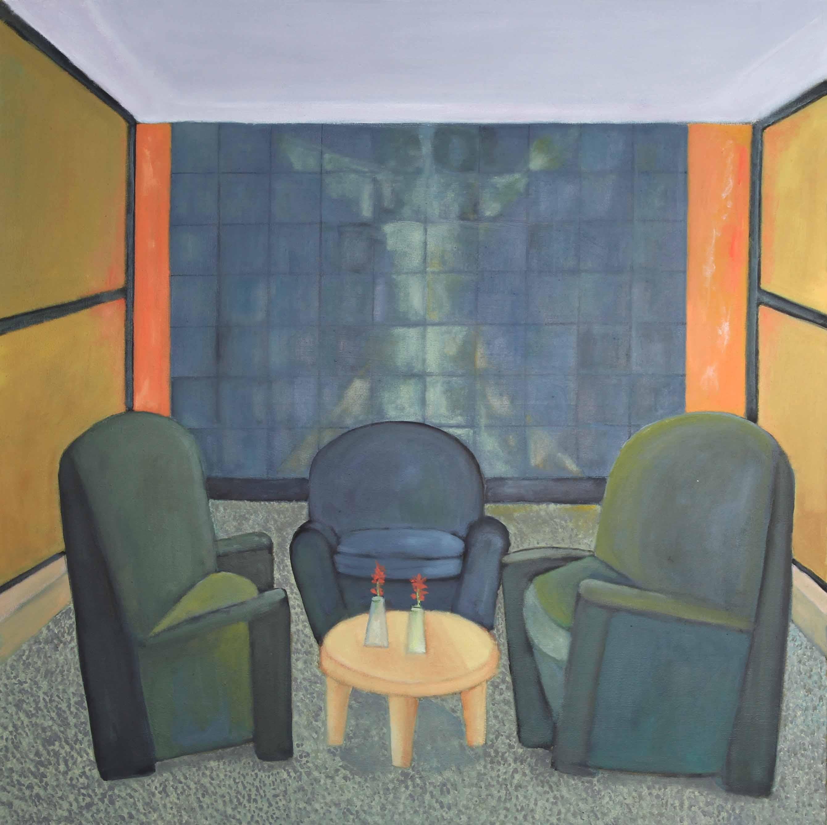 Interior Painting Stephen Basso - Réunion. Trois chaises vides dans un hall d'entrée d'un immeuble résidentiel de New York, couleurs chaudes Greene & Greene