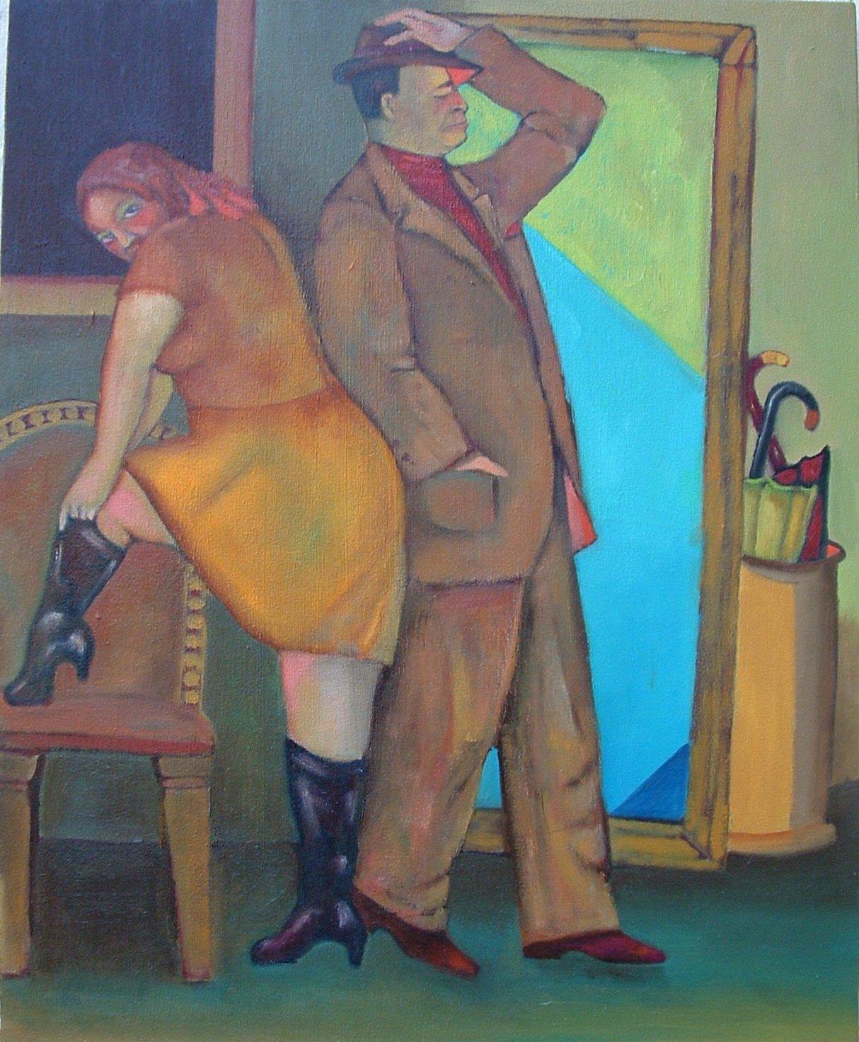 Stephen Basso Figurative Painting - Melodramatic Breakup romantic couple theme human drama humorous undertones