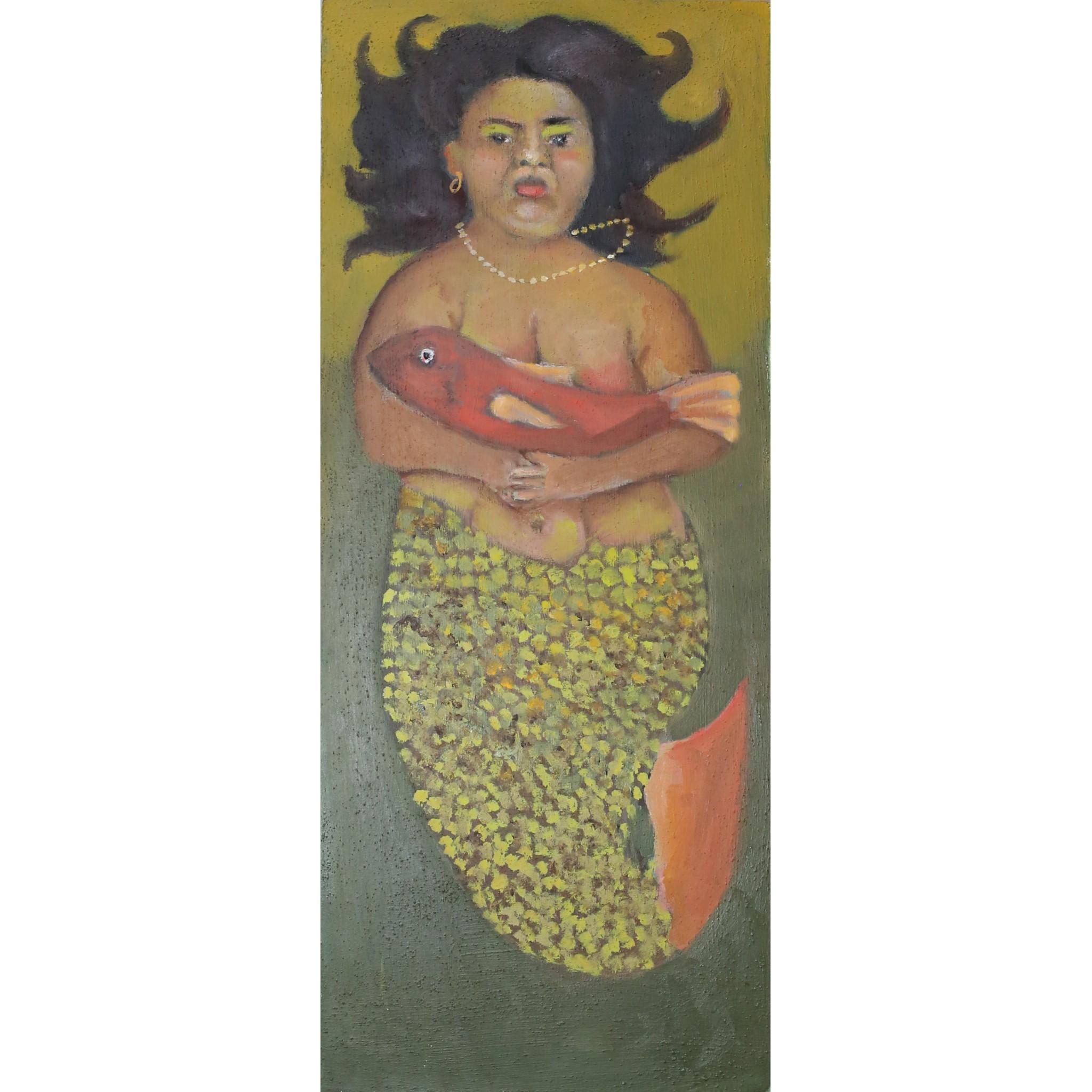 Stephen Basso Figurative Painting - Mermaid and Fish mythical siren theme warm colors very expressive countenance 