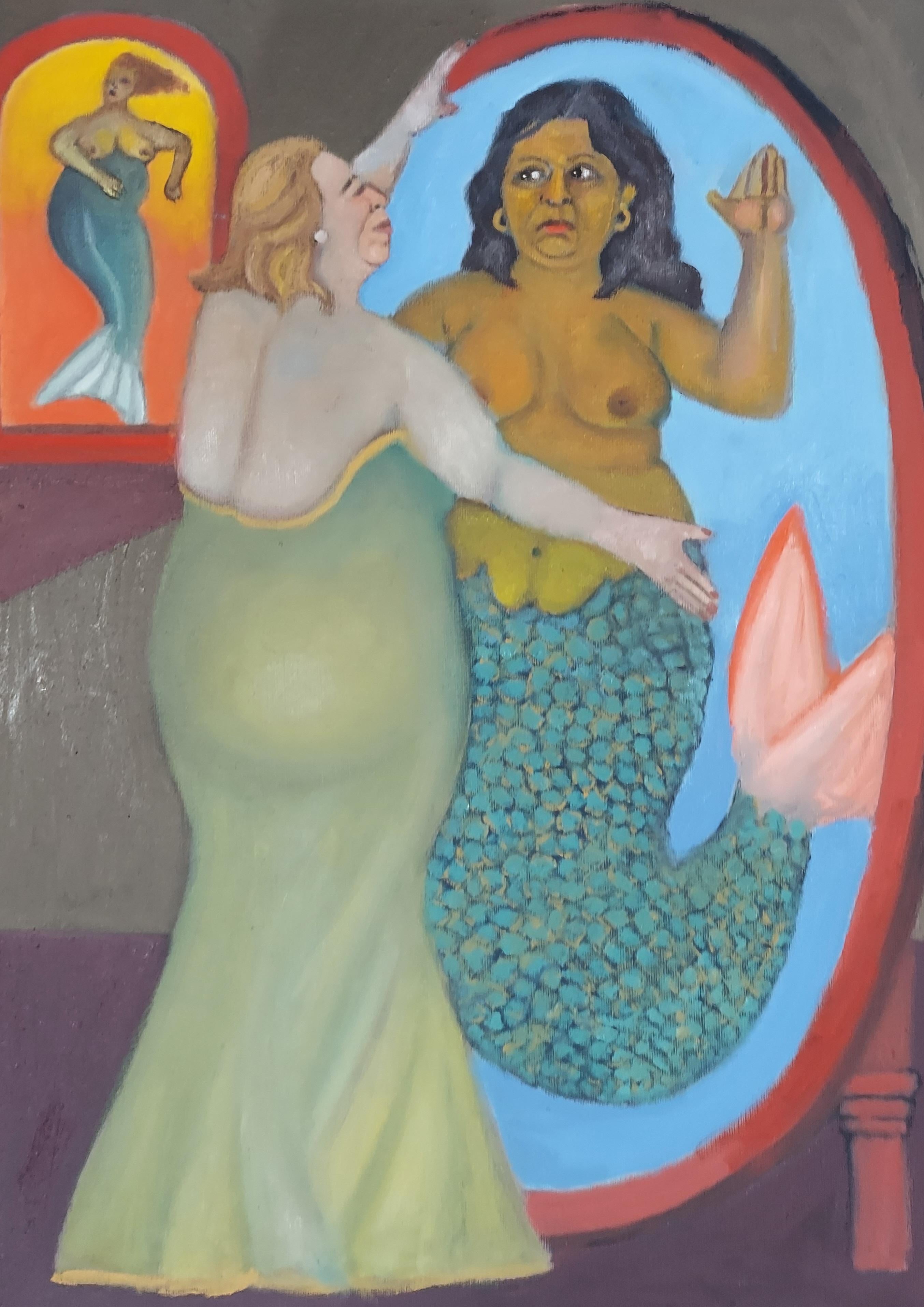 Stephen Basso Figurative Painting - Mermaid Reflections imaginative fantasy of women, mirror warm inviting color
