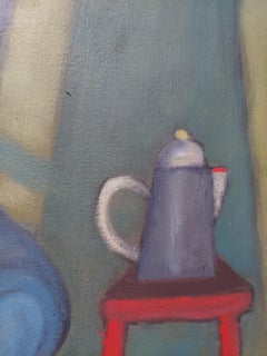 Midnight Joe. Seated female figure drinking coffee cool blues and greens