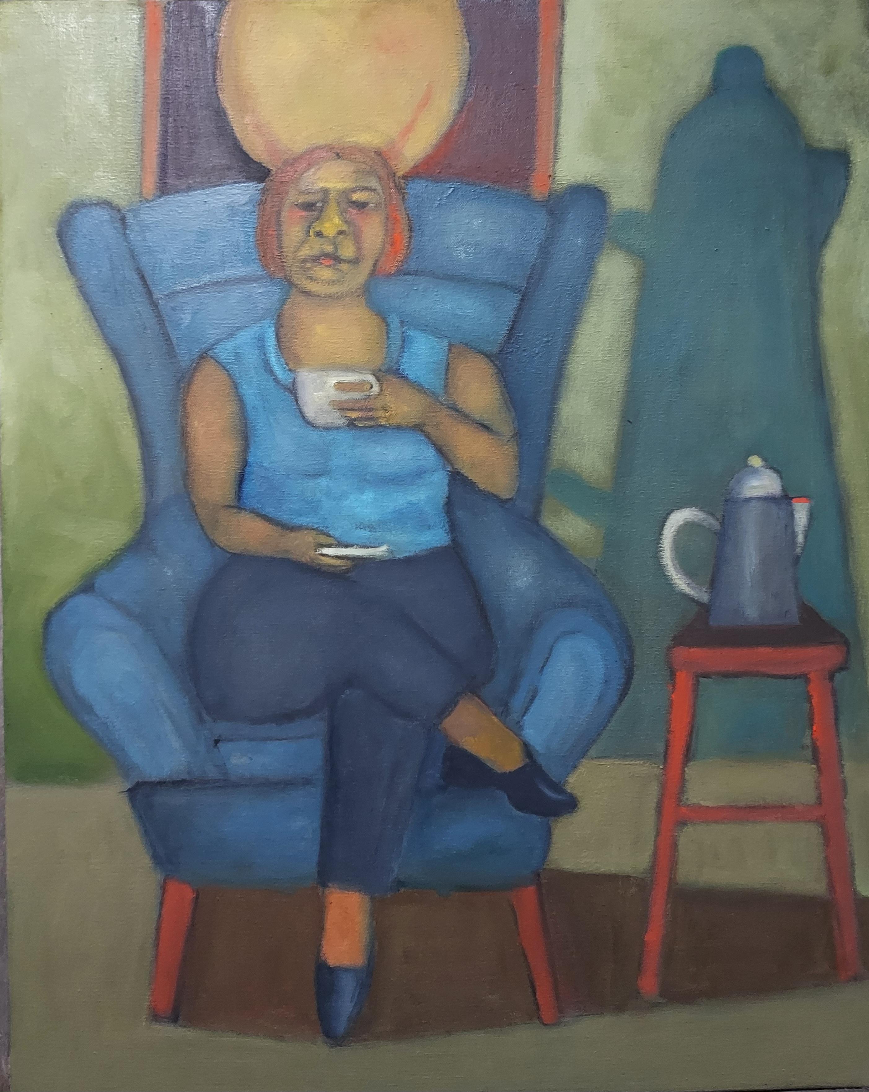 Stephen Basso Figurative Painting - Midnight Joe. Seated female figure drinking coffee cool blues and greens
