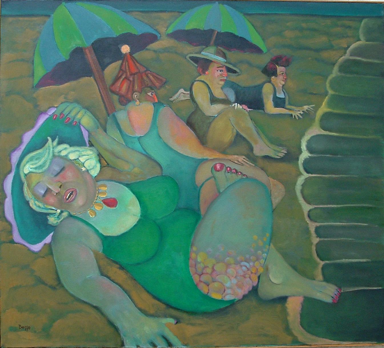 Stephen Basso Figurative Painting - Moon Bathers  festive colorful green Coney island beach denizens women humor