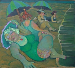 Moon Bathers  festive colorful green Coney island beach denizens women humor