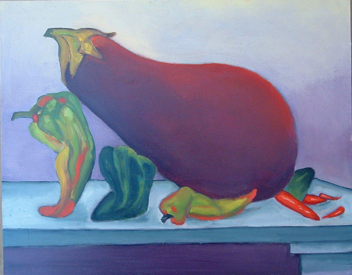 Moving Day   still life vegetables humorous undertones strong bright color
