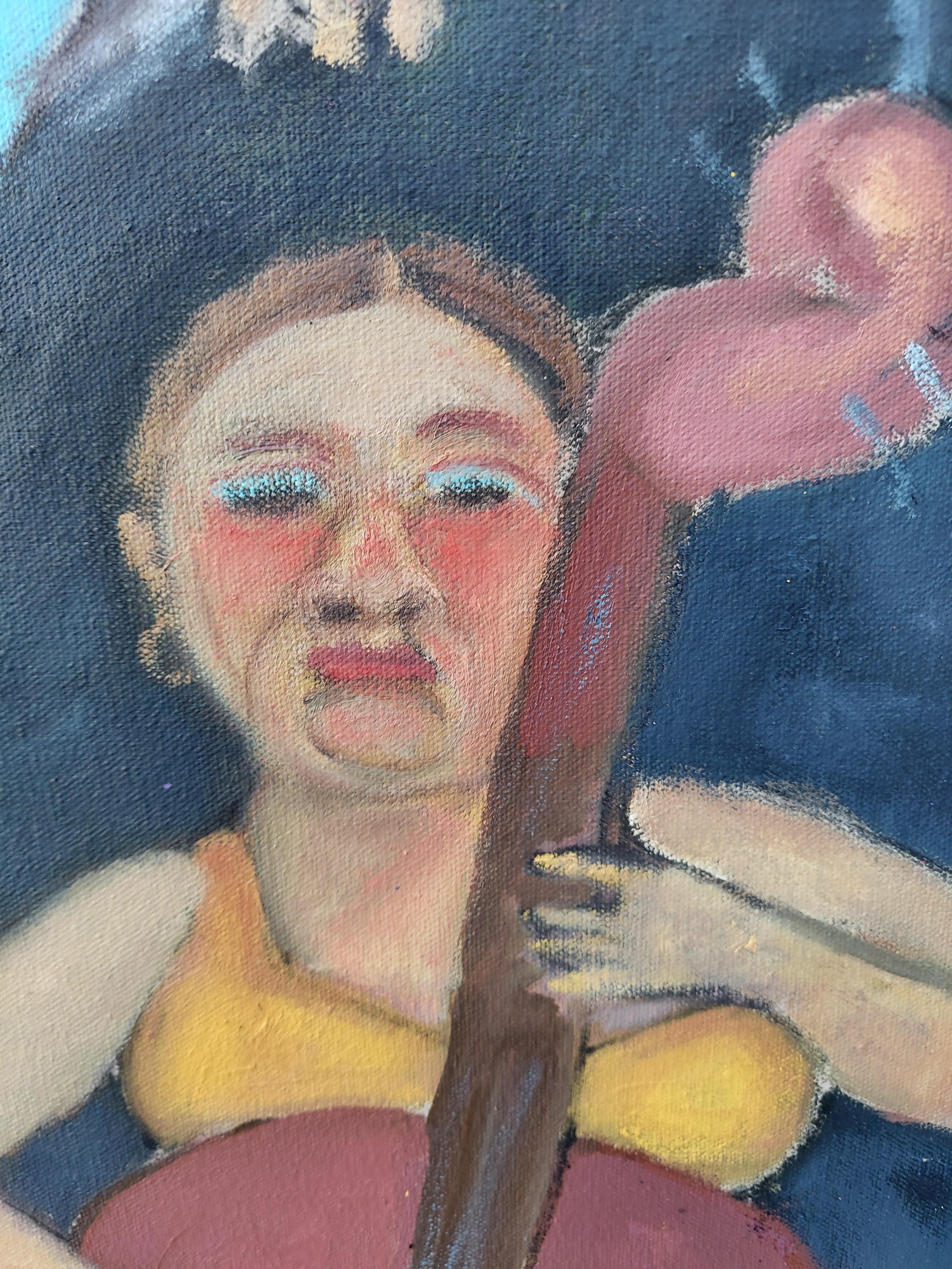 Scala musicale, Colori vivaci, Strumenti musicali violino basso figure maschili femminili - Painting Espressionista di Stephen Basso