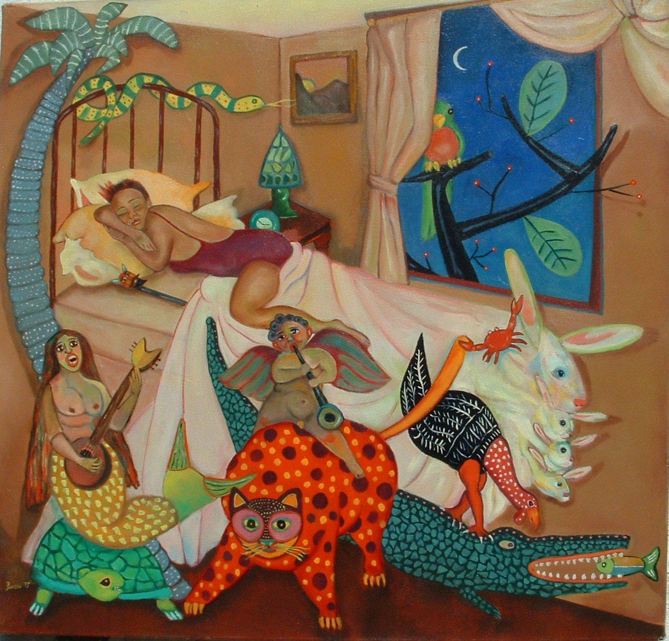 Night in Oaxaca colorful animals Mexican sculpture theme dreamlike imagery - Painting by Stephen Basso