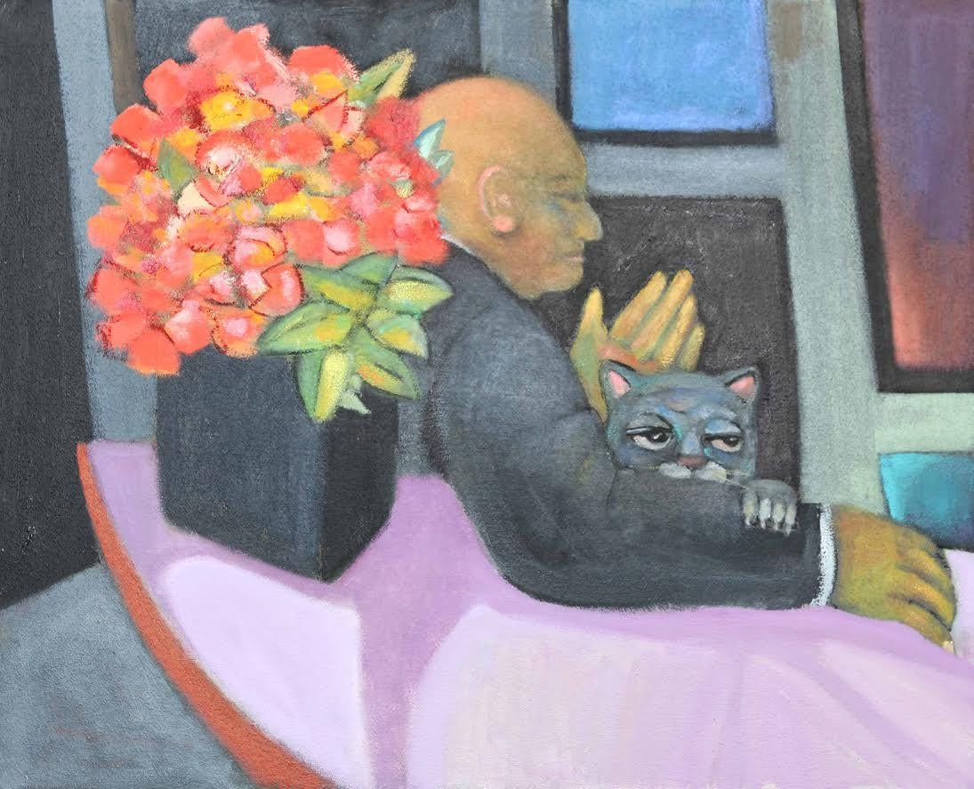 Stephen Basso Interior Painting - Inner Sanctum  interior scene man an cat theme dark and bright color combination