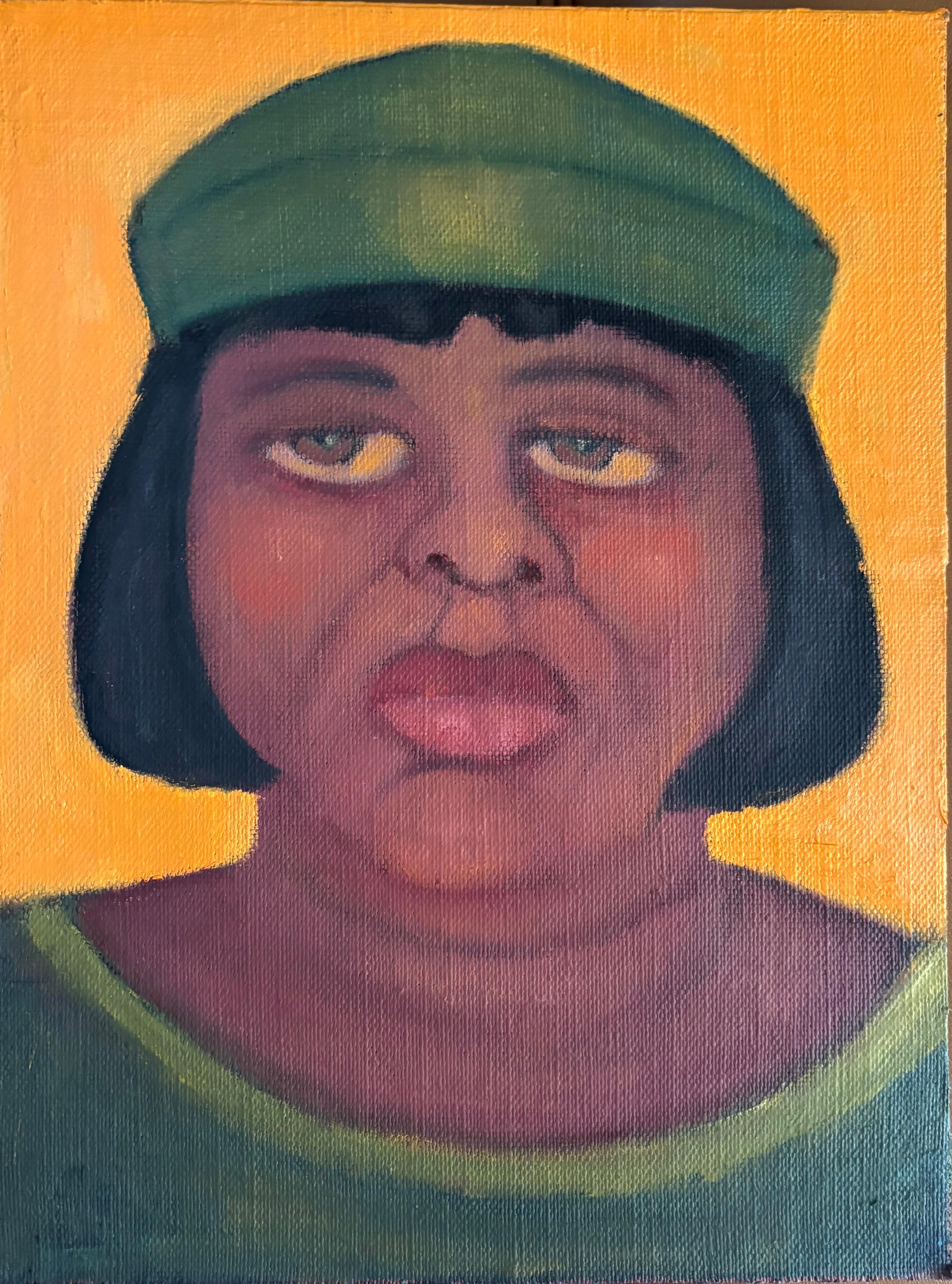 Portrait Painting di Stephen Basso - Ritratto frontale con "Olive Eye": tonalità di verde oliva, marrone e giallo