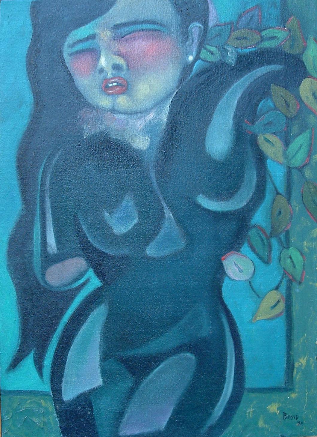 Figurative Painting de Stephen Basso - Calidades escultóricas de desnudo femenino en tono azul ónice y negro
