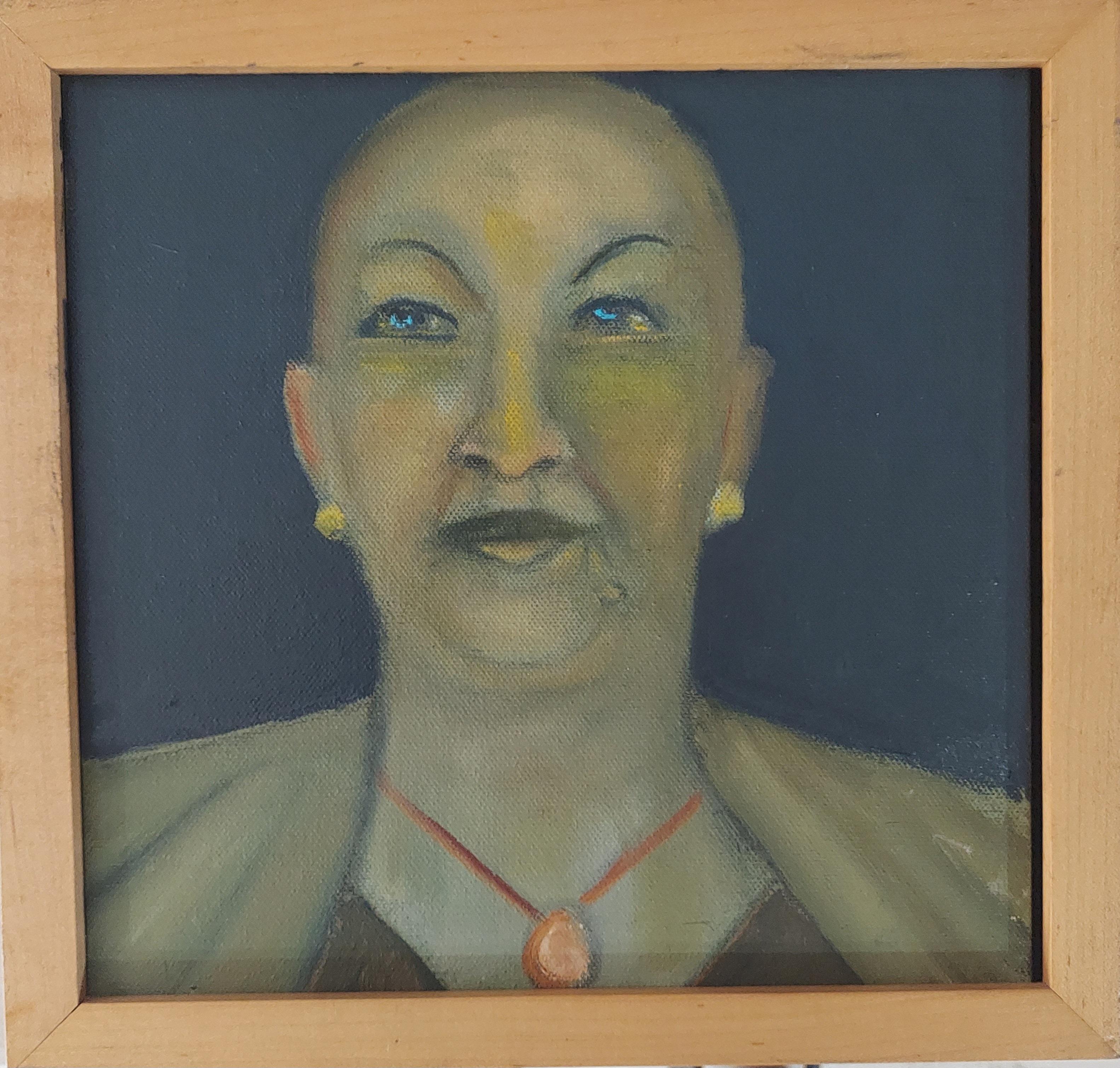 Stephen Basso Portrait Painting – Bleiche Jade. Haarloser weiblicher Kopf  warme und kühle Grüntöne