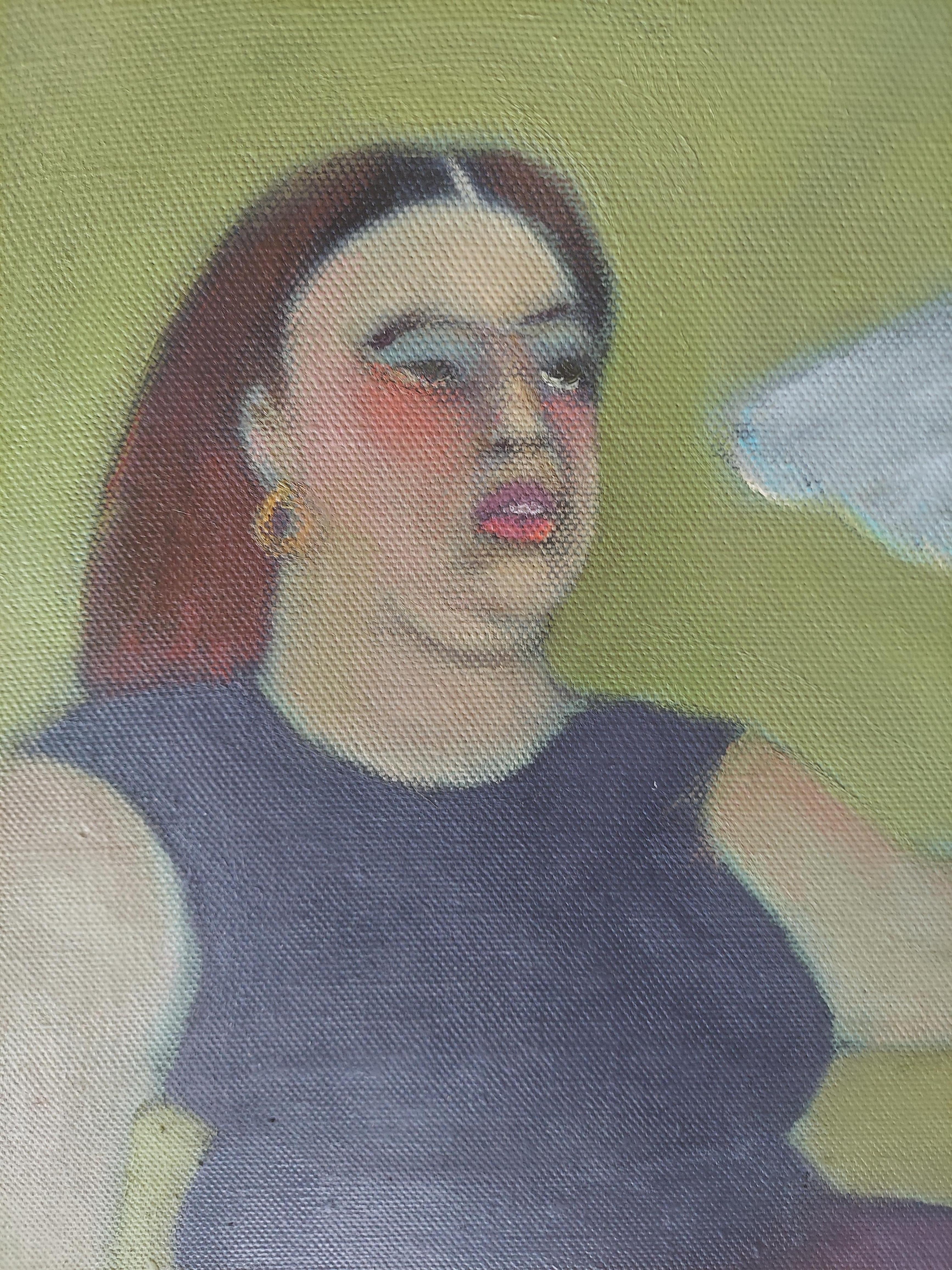 Persico. Figura femminile seduta e vestita di scuro che tiene in mano un grande uccello bianco. - Painting Outsider Art di Stephen Basso