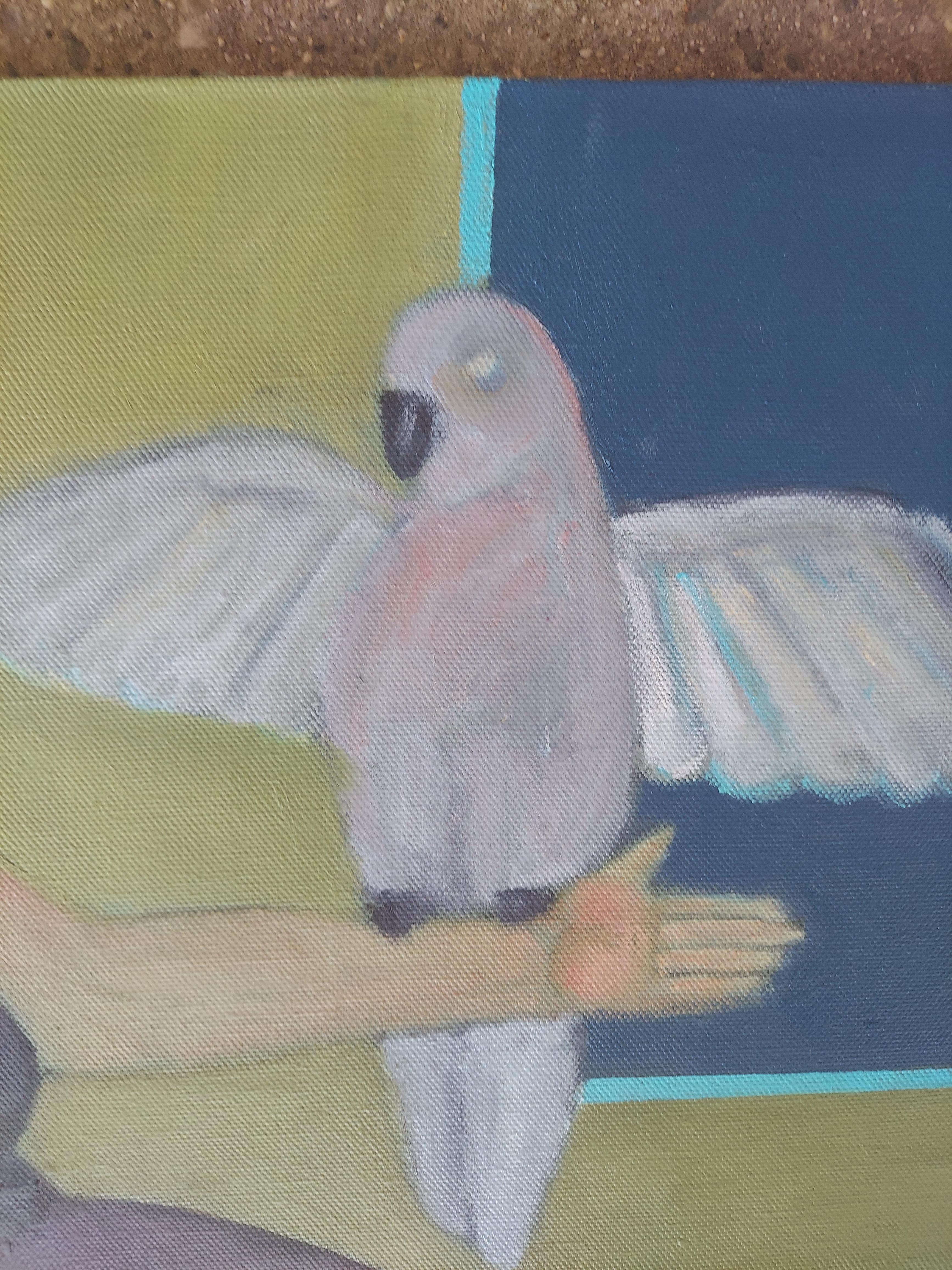 Persico. Figura femminile seduta e vestita di scuro che tiene in mano un grande uccello bianco. - Animal Painting Grigio di Stephen Basso