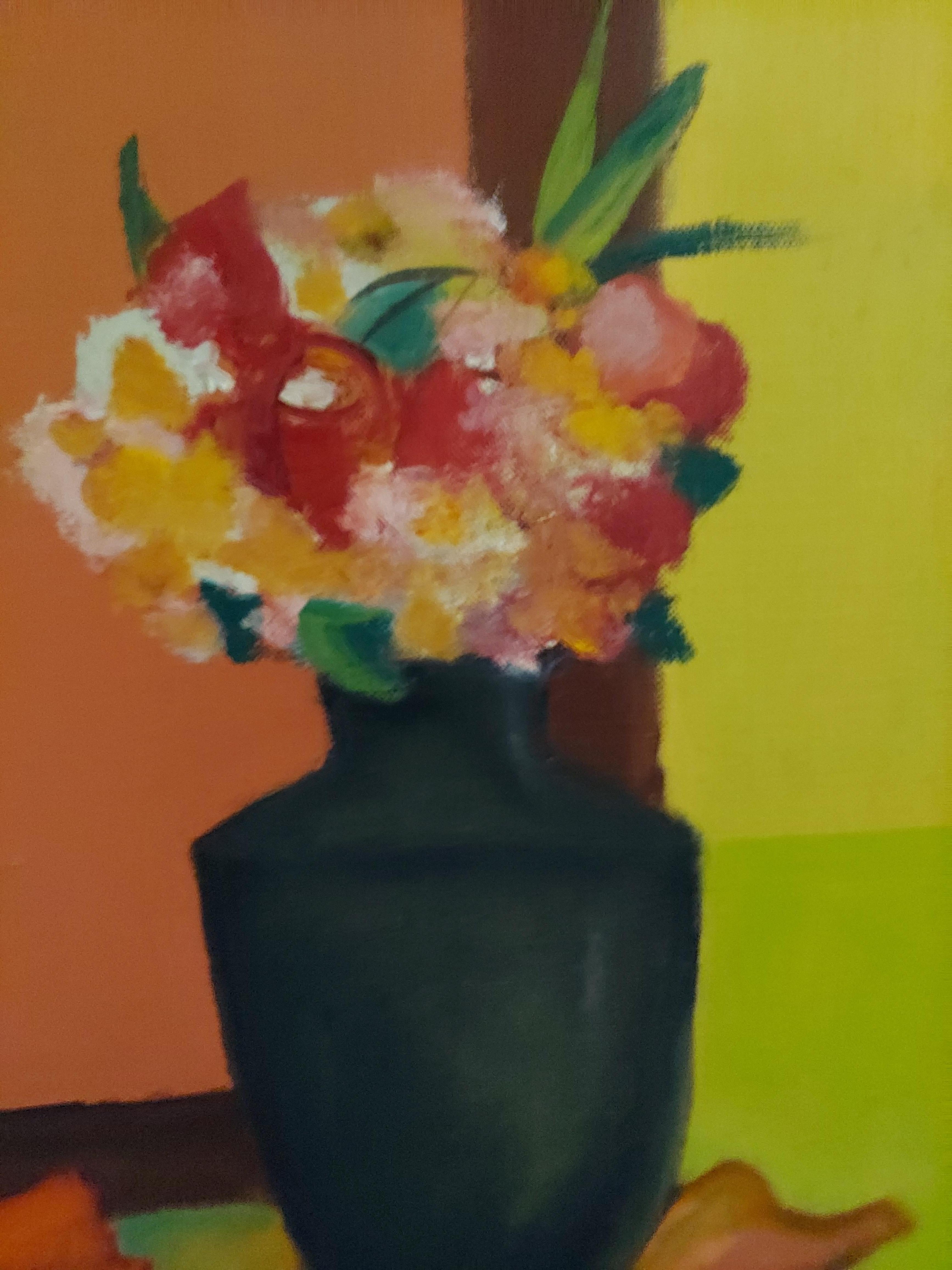 Pink Mirror two women with masks bedroom dresser  flowers warm red and yellows - Contemporary Painting by Stephen Basso
